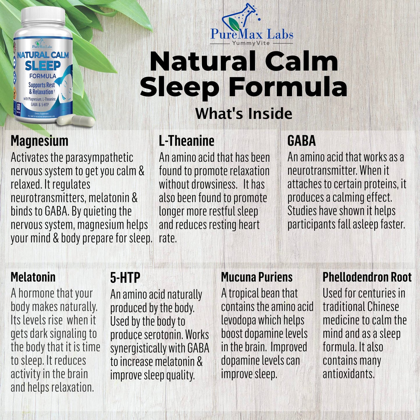 YUMMYVITE Natural Calm Sleep Aid with Magnesium, L-Theanine, Melatonin, GABA, 5-HTP Capsule, 60 Count