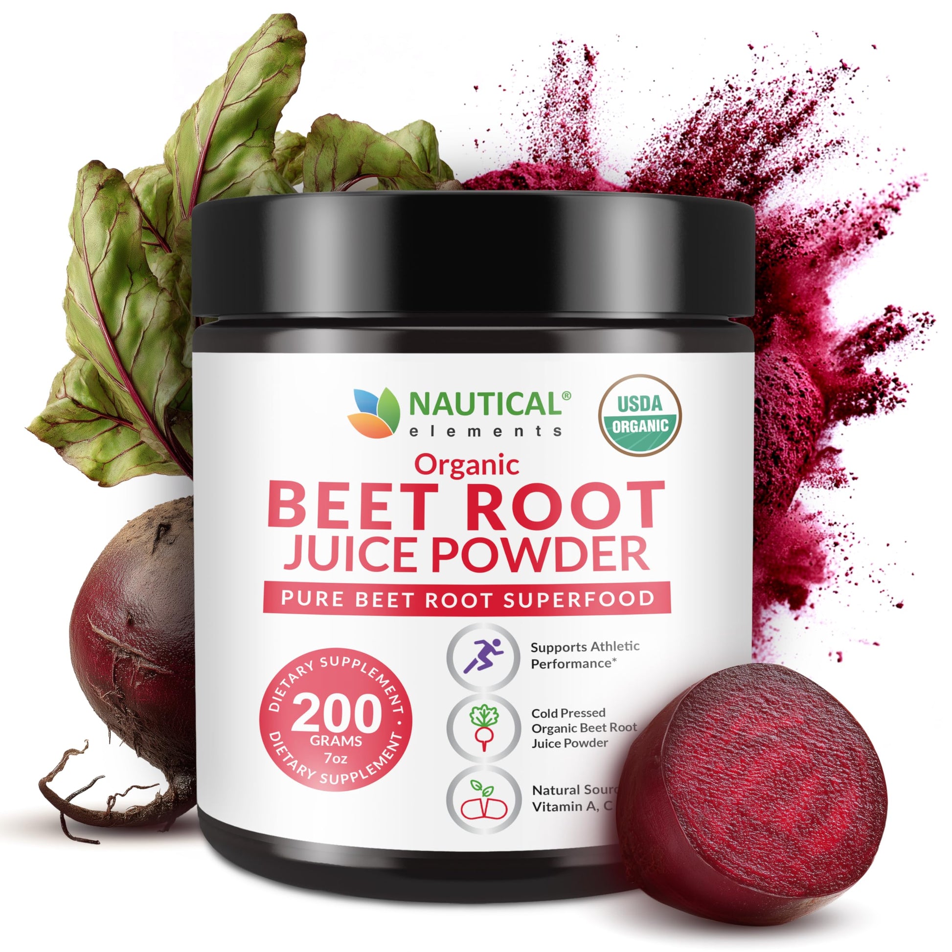Nautical Elements Beet Juice Powder Organic Cold Pressed 20:1 Concentrate - Nitric Oxide Support, 7 oz