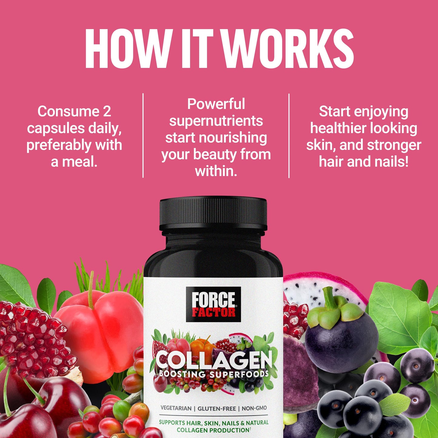 Force Factor Collagen Boosting Superfoods, Vegan Collagen Booster with Hyaluronic Acid, Biotin, Bamboo, Amino Acids & Vitamins for Hair, Skin, and Nails, Strengthener and Skin Supplement Capsules, 60 Capsules