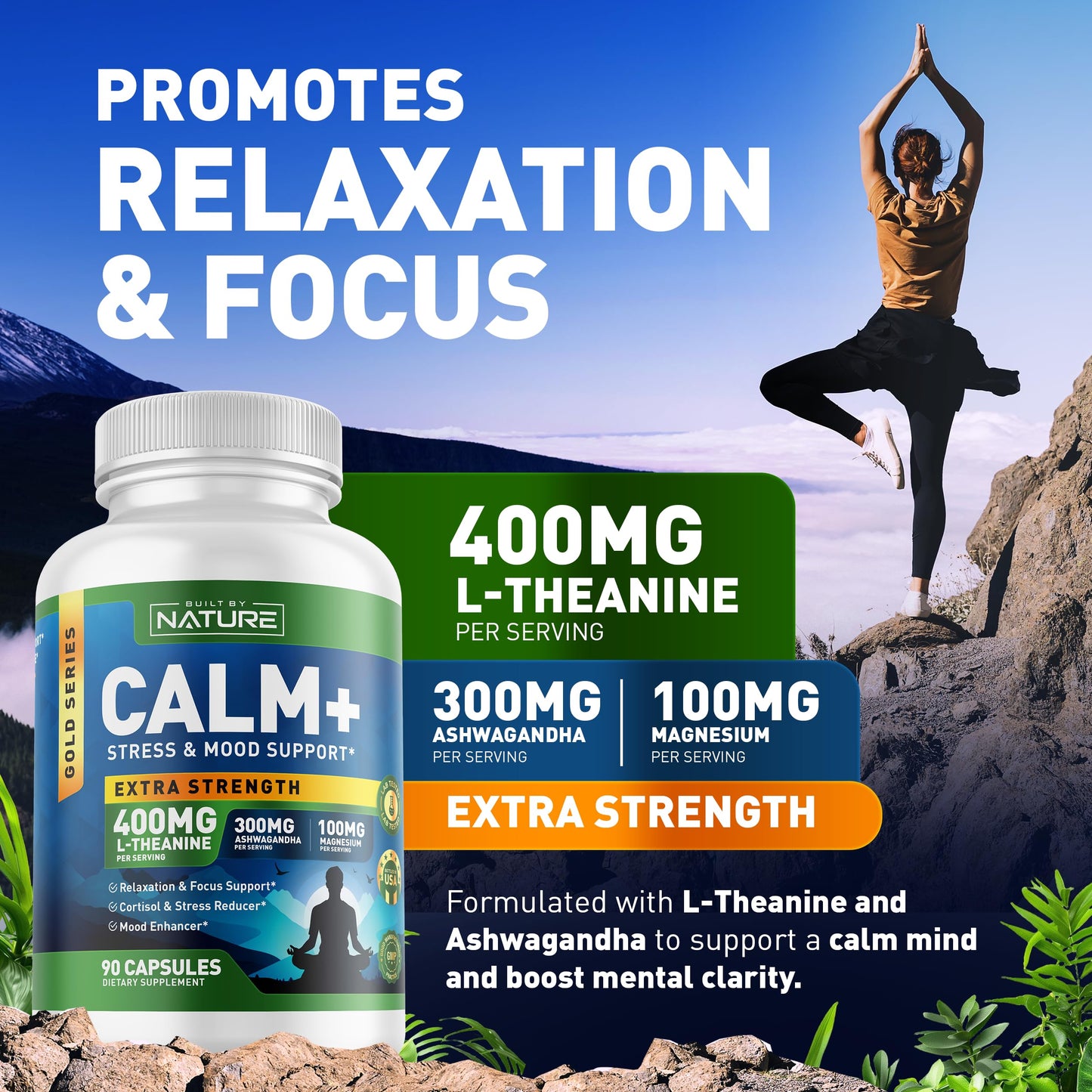 Built by Nature Calm+ Relaxation & Focus – Stress, Cortisol & Mood Support – Calm Supplement with L-Theanine, Ashwagandha, Magnesium Glycinate, Vitamin D3, 90 Capsules