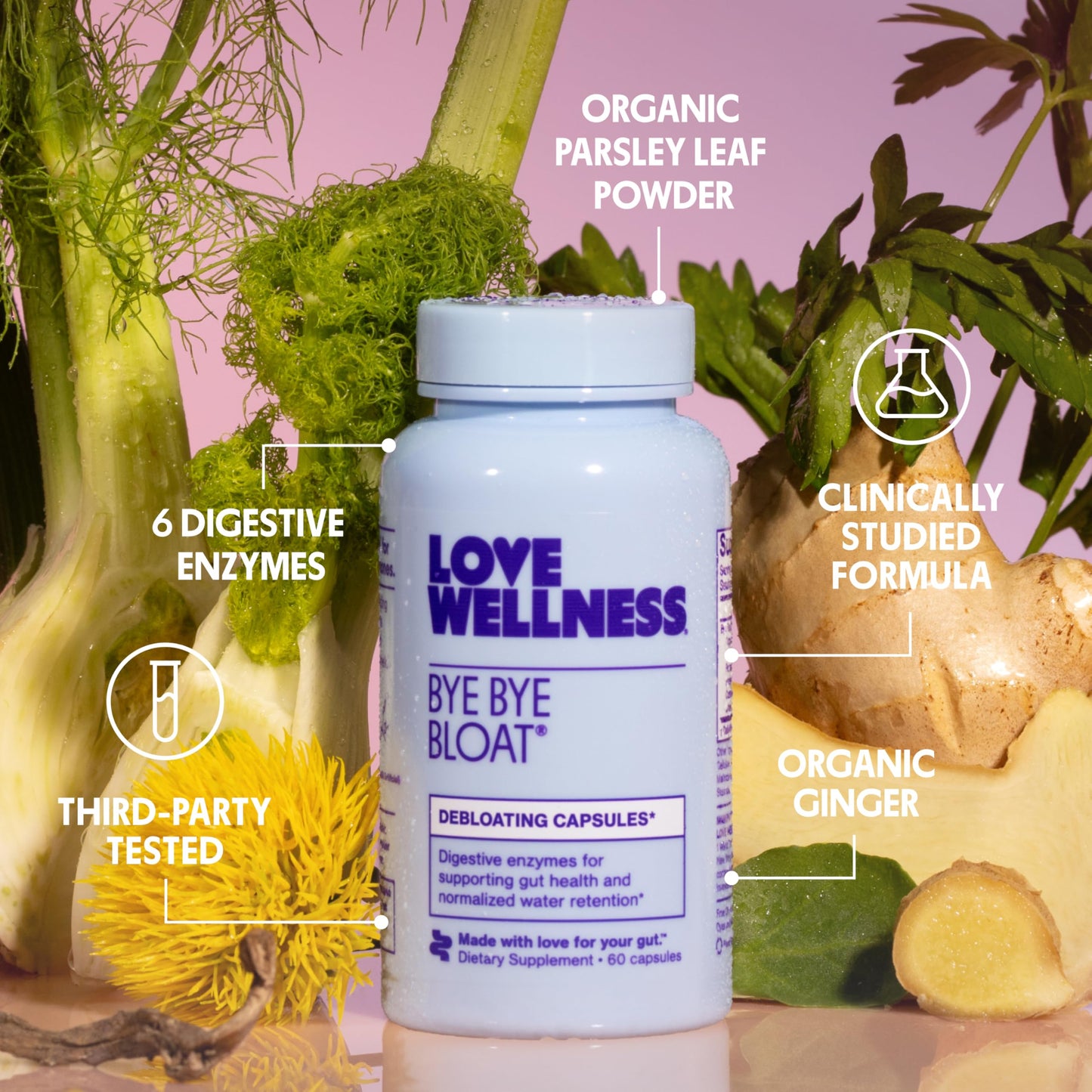 Love Wellness Bye Bye Bloat Digestive Enzymes Capsules 60 Count