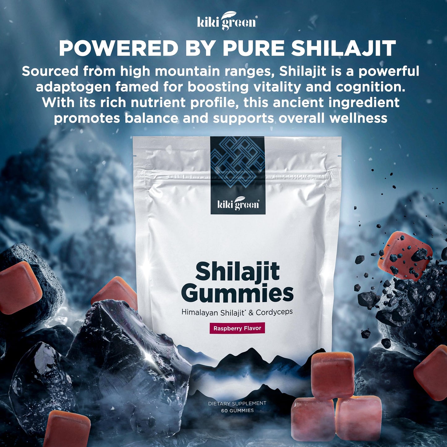 KIKI Green Shilajit Gummies 1000 mg Pure Himalayan Shilajit with Cordyceps Extract, 60 Gummies