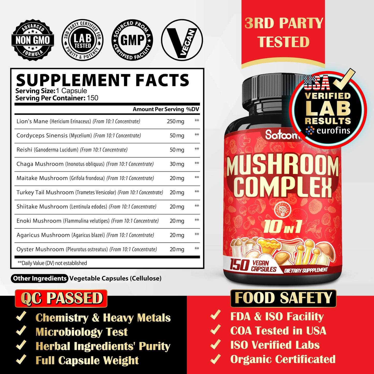 Satoomi 10in1 Mushroom Complex Supplements Capsules, 150 Capsules