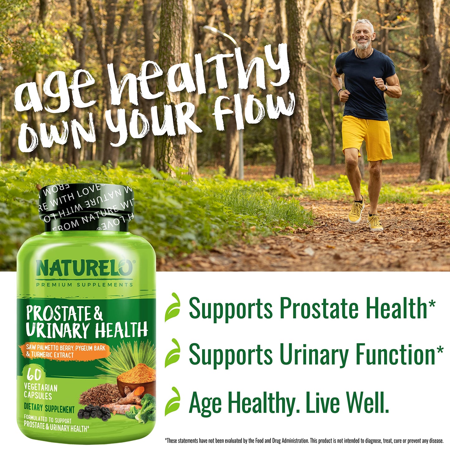 NATURELO Prostate & Urinary Health Comprehensive Formula with Saw Palmetto, Pygeum, Turmeric, Plant Sterols, Broccoli and Lycopene, 60 Vegetarian Capsules