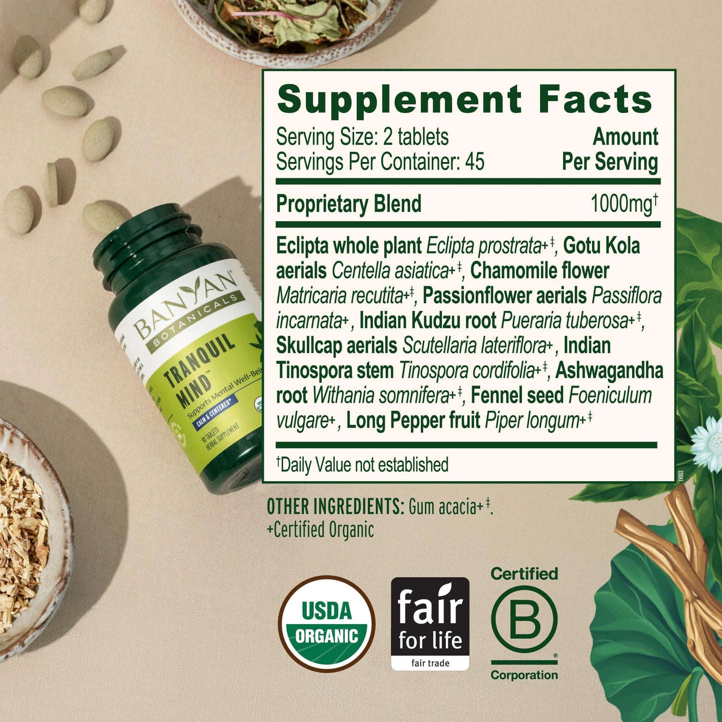Banyan Botanicals Organic Tranquil Mind Tablets, 90 Count