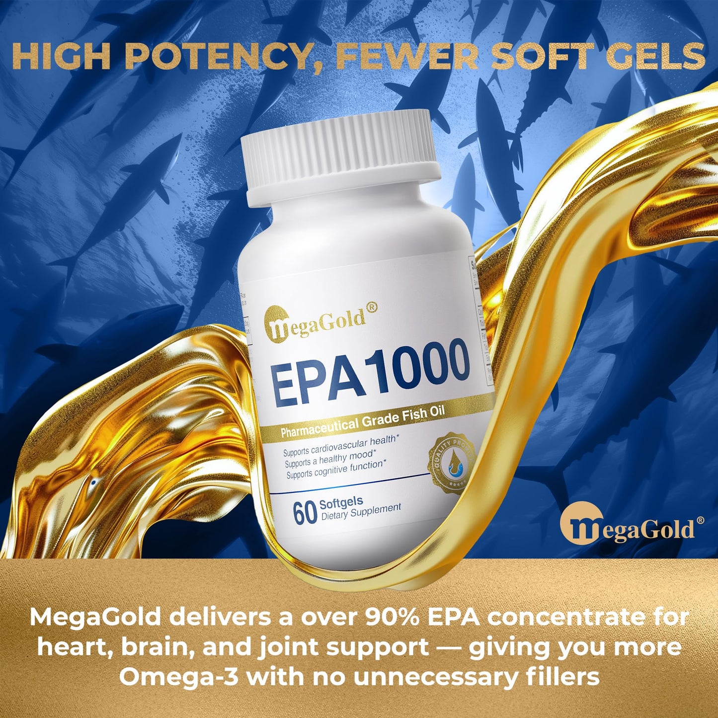 MegaGold Fish Oil Omega-3 Supplements EPA 1000mg Softgel 60 Count