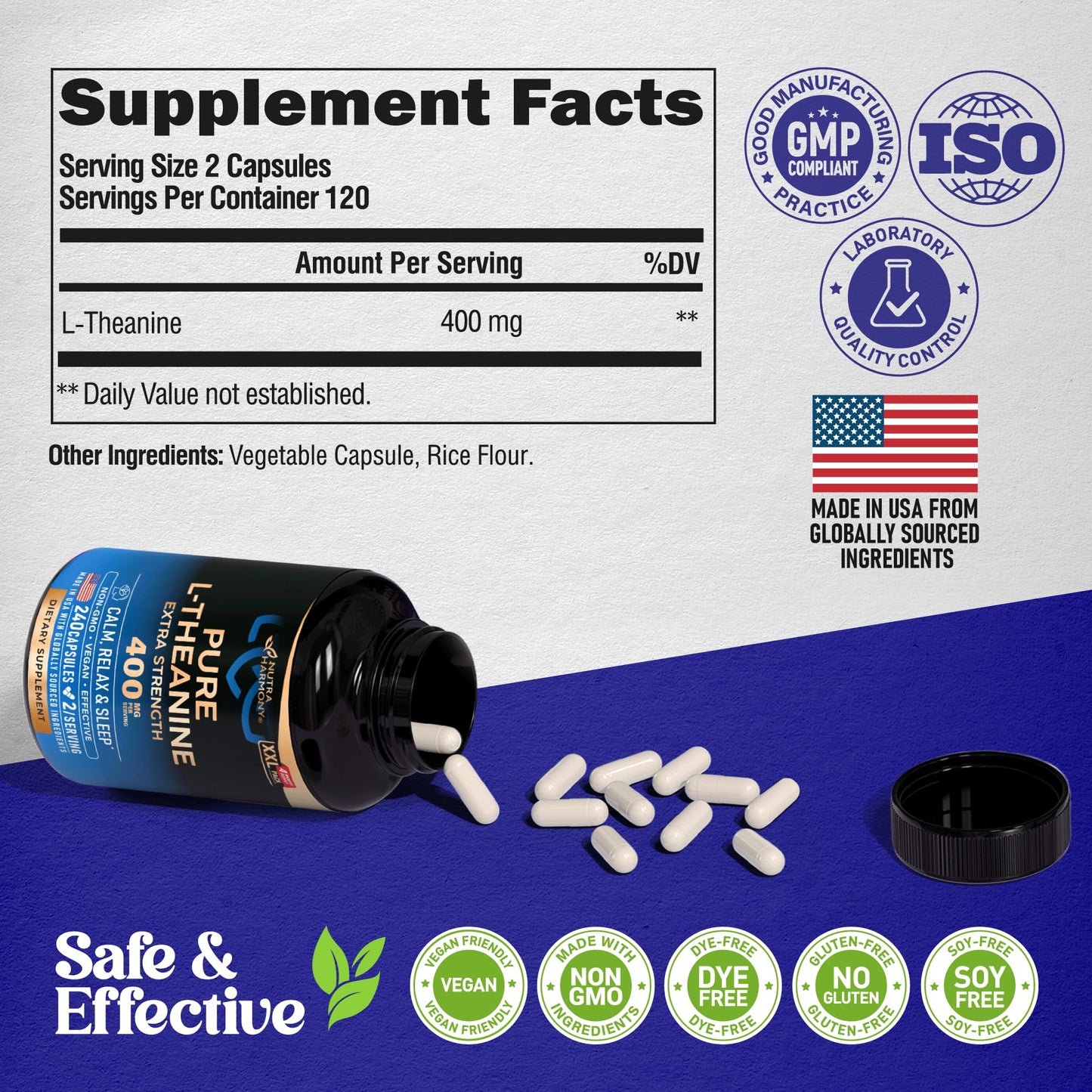 NutraHarmony L-Theanine 400 mg Capsule, 240 Capsules