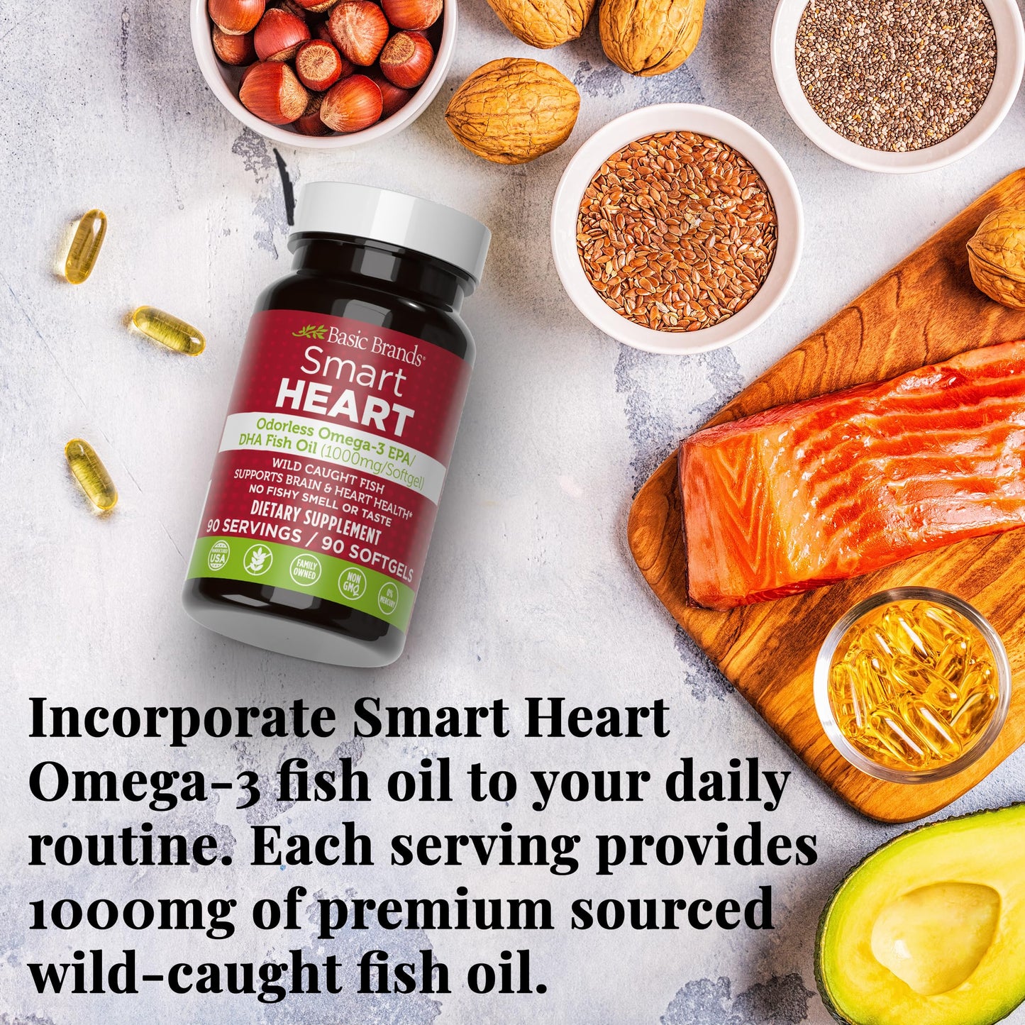 Basic Brands Smart Heart Odorless Omega-3 Fish Oil 1000mg - Triple Strength EPA & DHA, Non-GMO, Heart & Cognitive Support, 180 Softgels