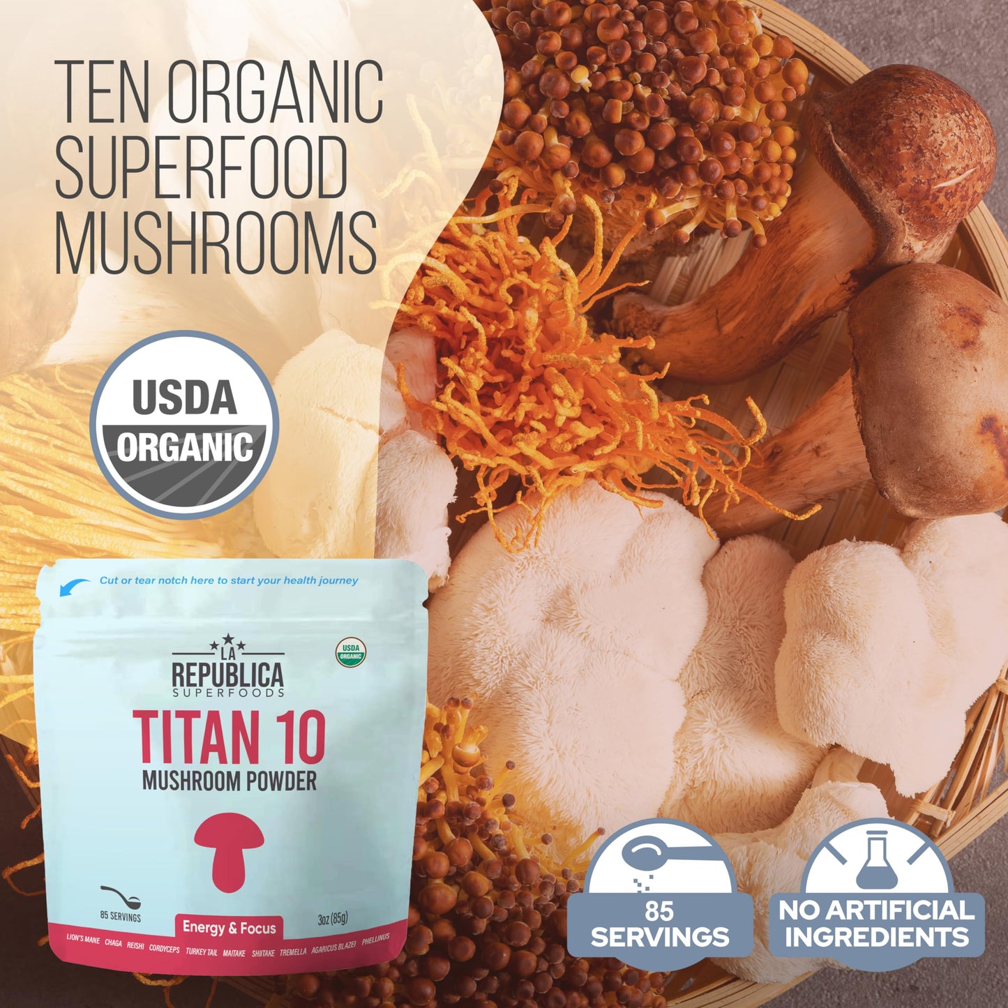 LRLA SUPERFOODS La Republica Titan10 Organic Mushroom Powder, 3 oz