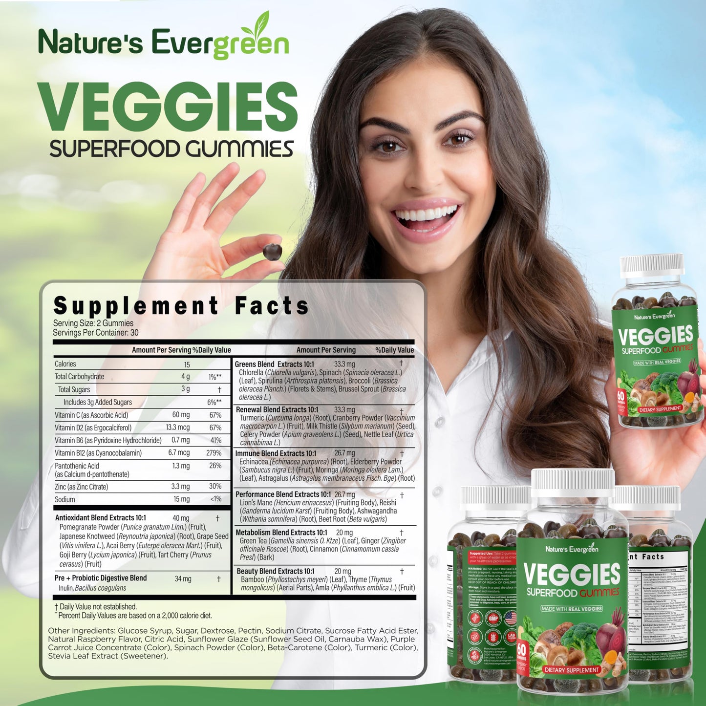 Nature's Evergreen Fruits and Veggies Superfood Gummies - Vegan, Non-GMO, Gluten-Free - 120 Gummies (Pack of 2)
