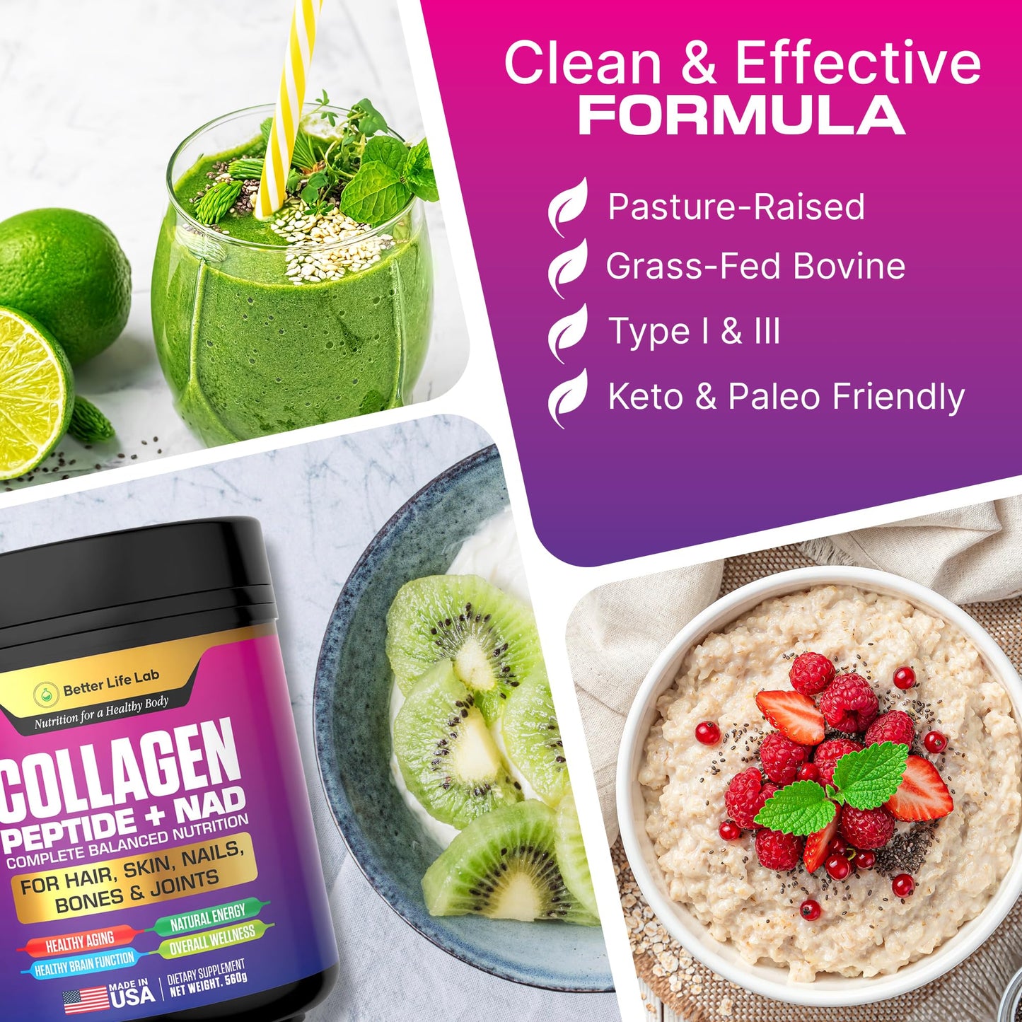 Better Life Lab Hydrolyzed Collagen Peptides with NAD – Type I & III Collagen – Grass-Fed, Unflavored Powder, 60