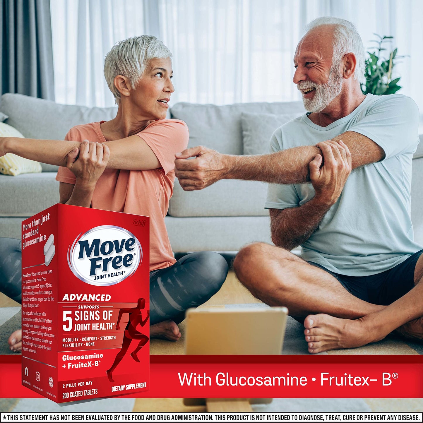Move Free Advanced Glucosamine Chondroitin + Calcium Fructoborate Joint Support Supplement Tablets, 200 Tablets
