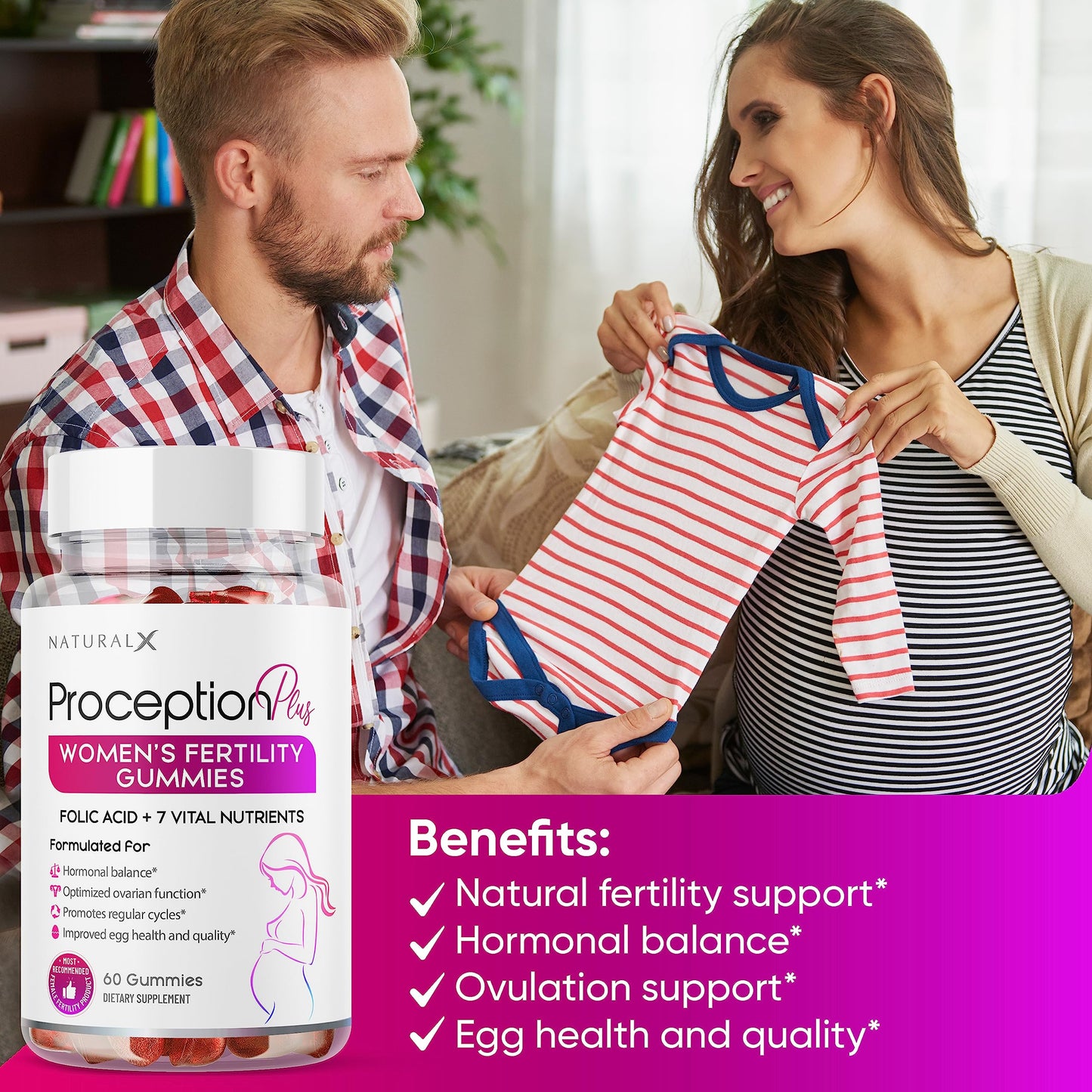 Natural X Fertility for Women - Myo-Inositol, Folic Acid, Biotin, B Vitamins Gummy 60 Count