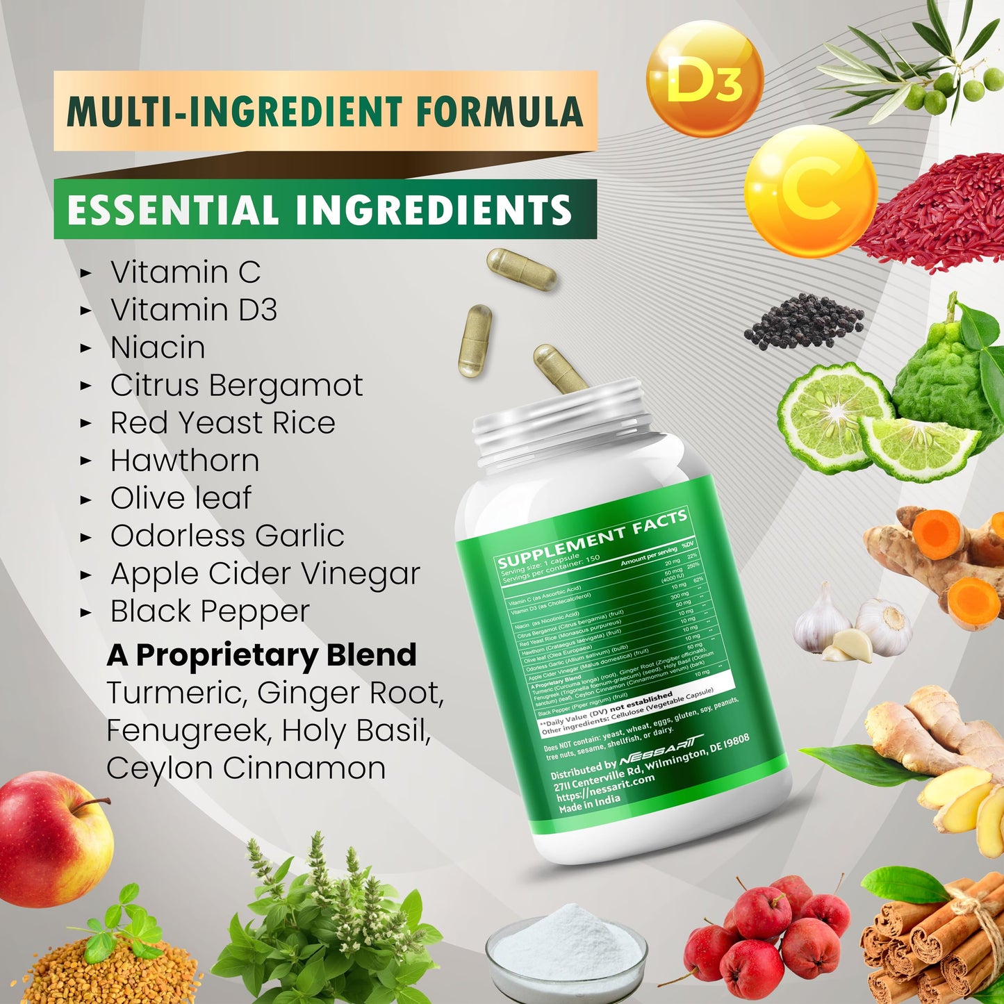 NESSARIT Citrus Bergamot Supplement 15-in-1 Natural Blend with Red Yeast Rice Hawthorn Olive Leaf Odorless Garlic Turmeric Ginger Fenugreek Capsule, 150 Count