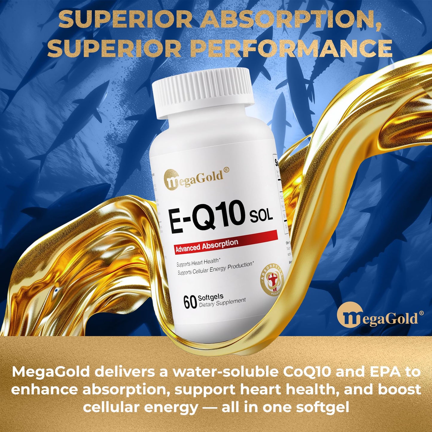 MegaGold E-Q10 Sol Advanced Absorption Fish Oil with CoQ10, 100mg EPA, Antioxidant for Cardiovascular Health & Energy*, Coenzyme Q10 Supplement for Men and Women Softgel 60 Count