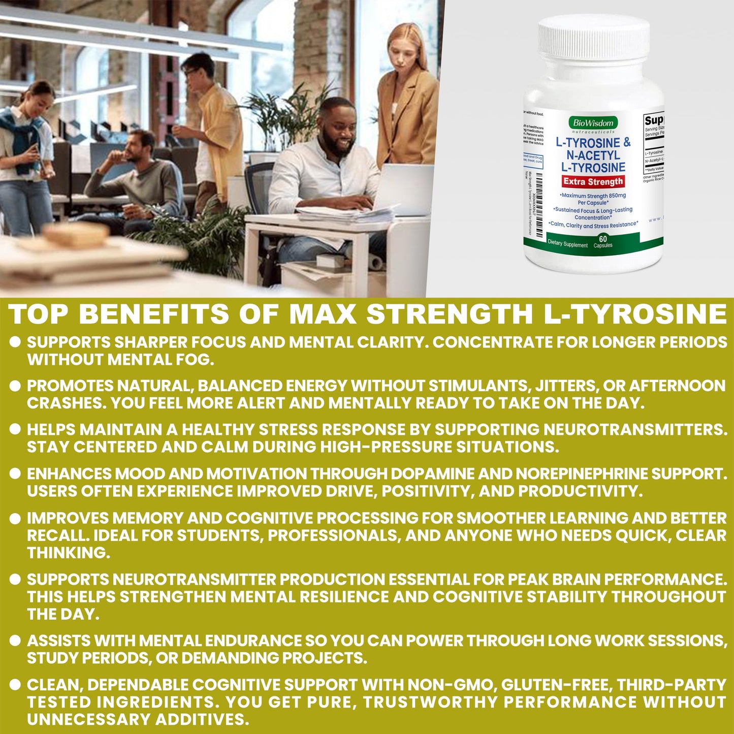 BioWisdom Nutraceuticals Max Strength L Tyrosine Supplement & N Acetyl L Tyrosine Peak Focus, Alertness, Concentration, Body & Mind Energy Capsule, 60 Count
