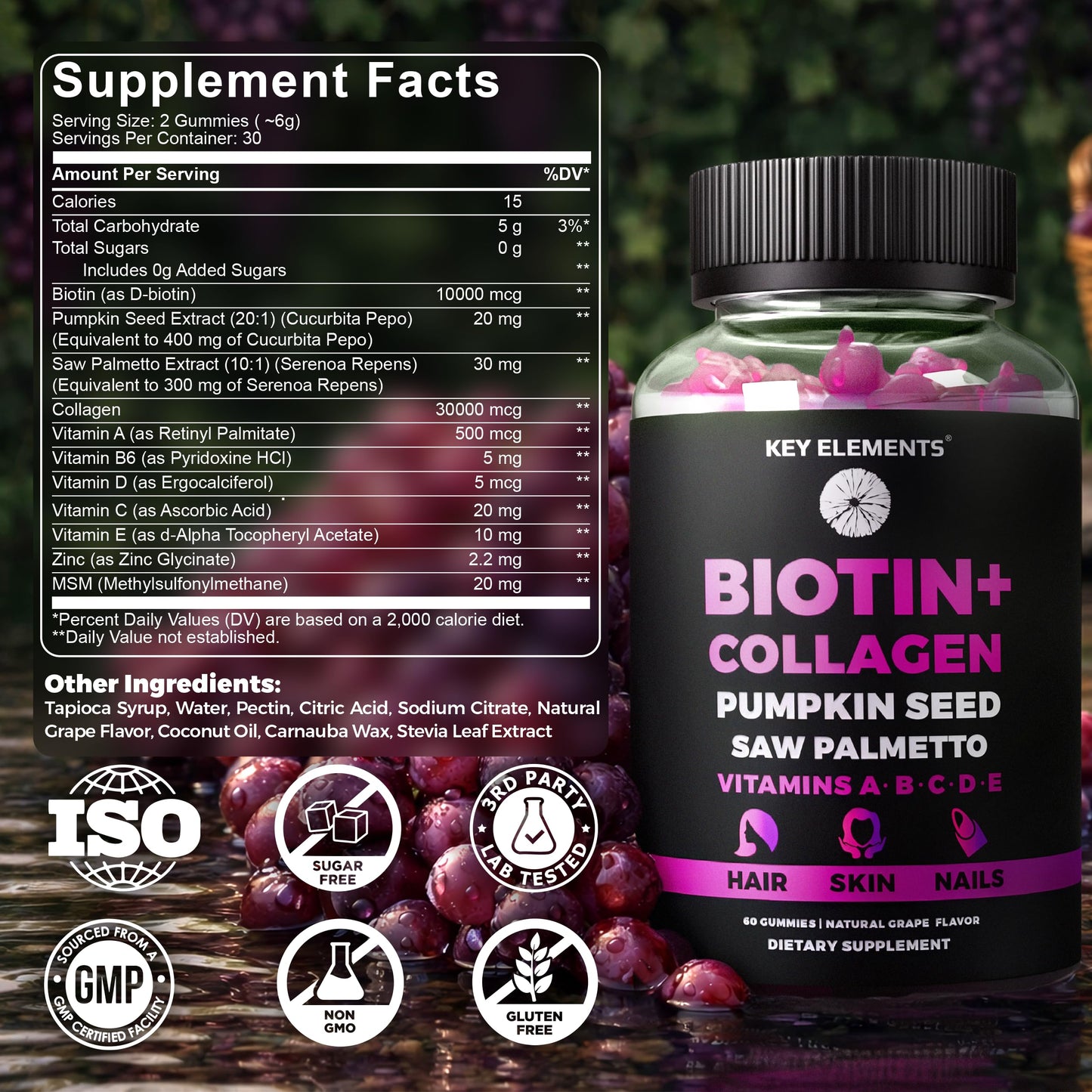 KEY ELEMENTS Hair Skin and Nails 10000mcg Biotin & Collagen, Gummy, 60 Count