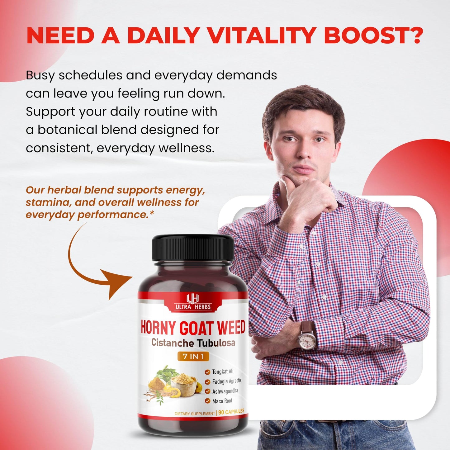 ULTRA HERBS Horny Goat Weed Tongkat Ali Maca Root Tribulus with Fadogia Ashwagandha Ginseng L-Arginine Capsule 90 Count