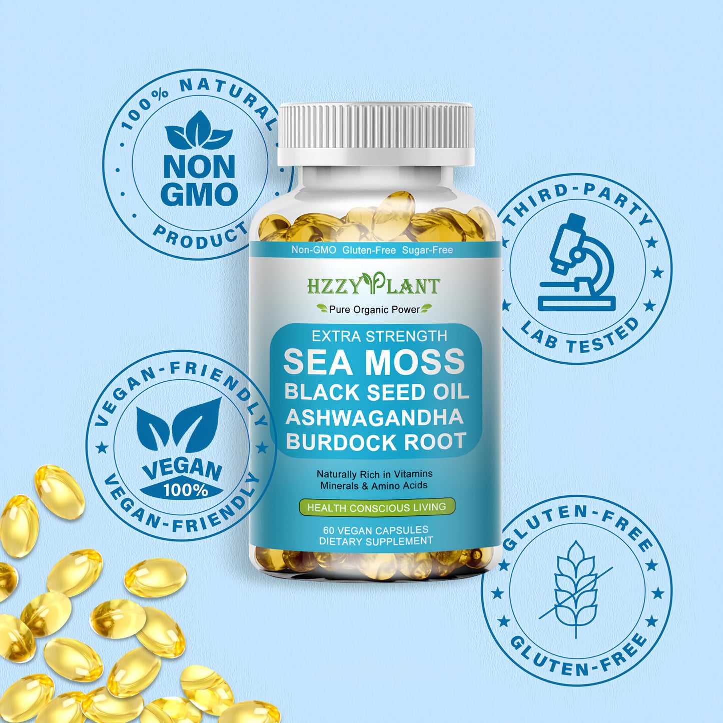 HZZYPLANT High Absorption Irish Sea Moss Advanced with Black Seed Oil, Ashwagandha, Turmeric & Burdock Root Softgels, 60 Count