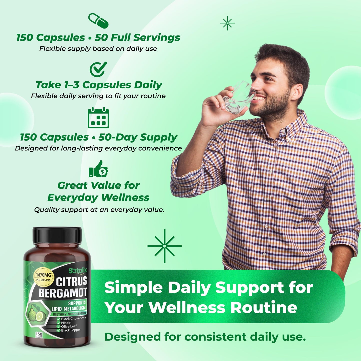 Sotalix Supplement Citrus Bergamot 1470 mg with Black Chokeberry, Niacin, Olive Leaf & Black Pepper Capsule, 150