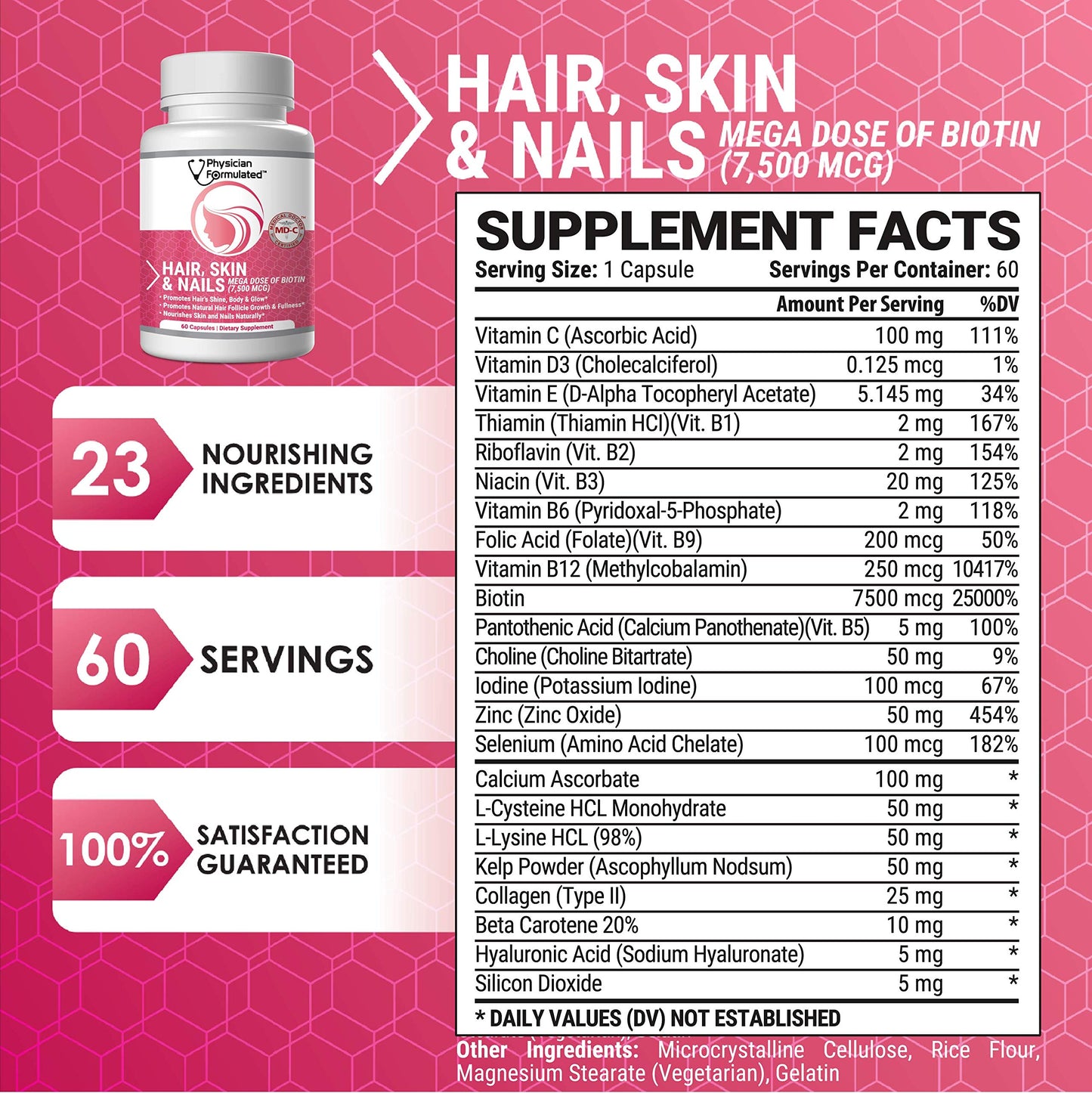 Physician Formulated Healthy Hair Skin and Nails Vitamins for Men and Women - 7500 mcg Biotin, Amino Acids, Collagen and Hyaluronic Acid, 60 Capsules