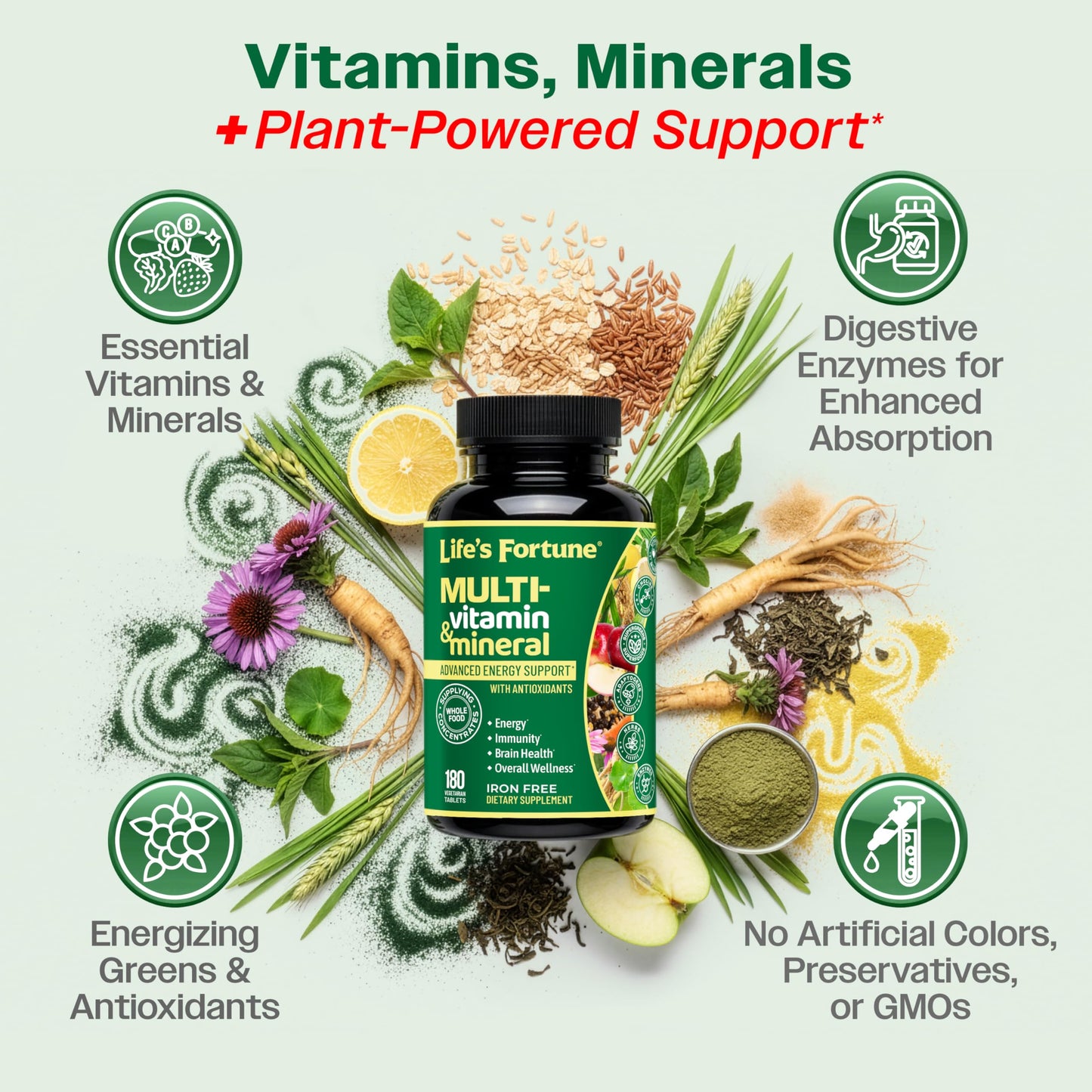 Life's Fortune Whole Food Multivitamin & Mineral Supplement for Men & Women – Iron Free – Brain, Immune & Metabolism Support – 180 Capsules