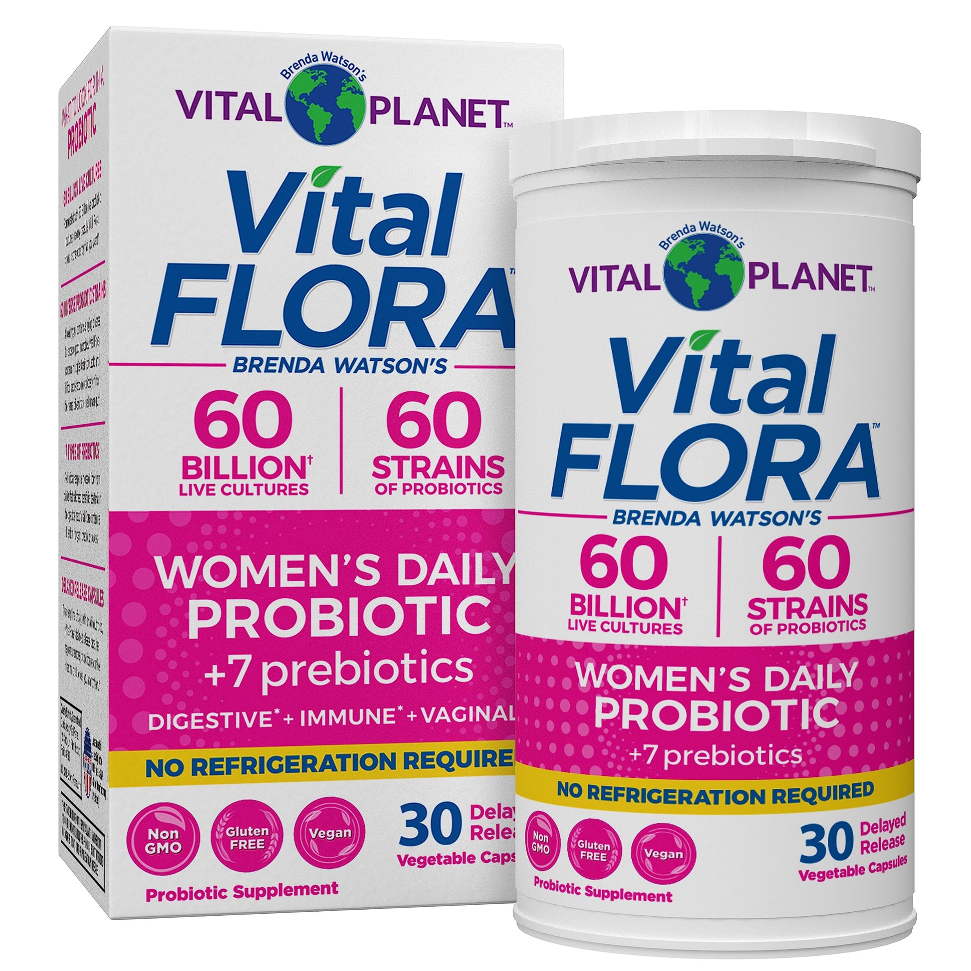 Vital Planet Vital Flora Probiotics for Women 60 Billion CFU, Diverse Strains, Daily Shelf Stable Probiotic with Organic Prebiotics, for Vaginal Support, Immune and Digestive Health 30 Capsules