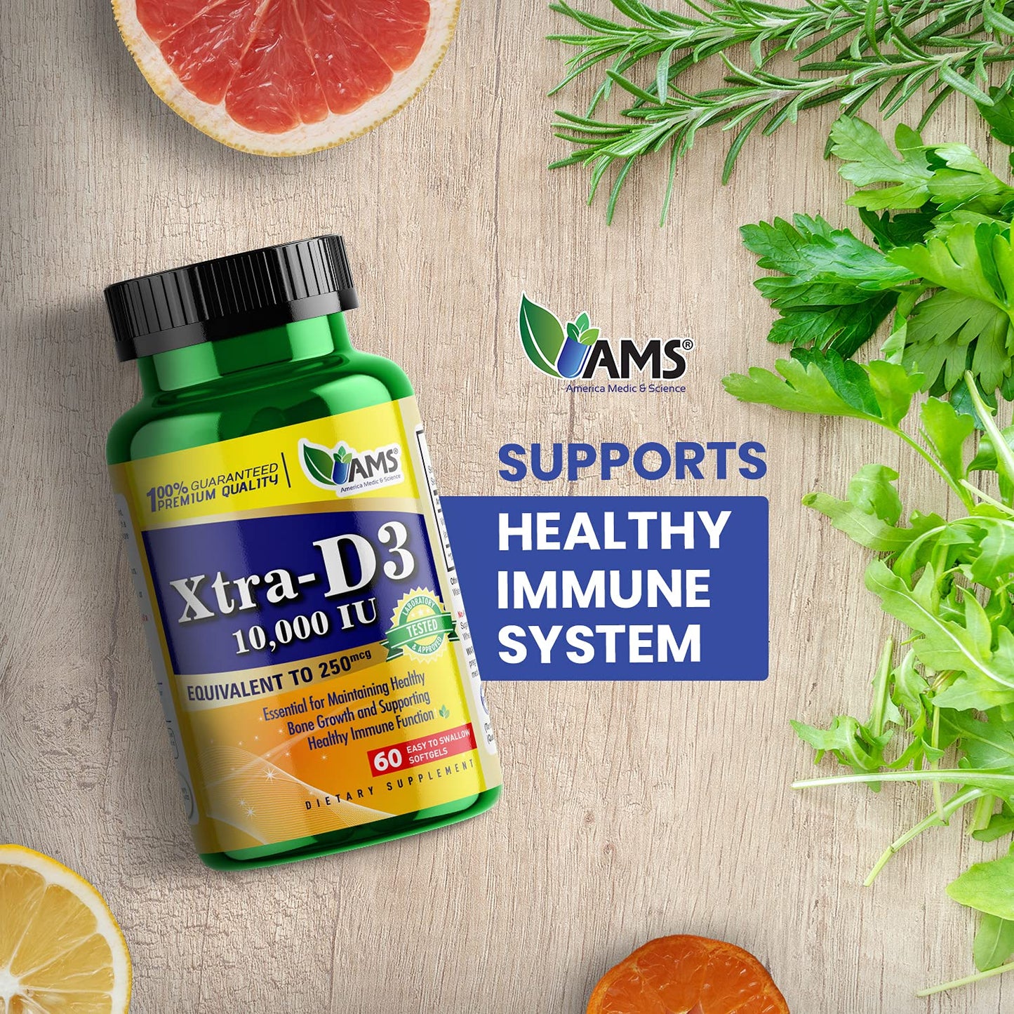 America Medic & Science Xtra D3 Vitamin D3 10,000 IU (250 mcg) Cholecalciferol Supplement, 60 Softgels