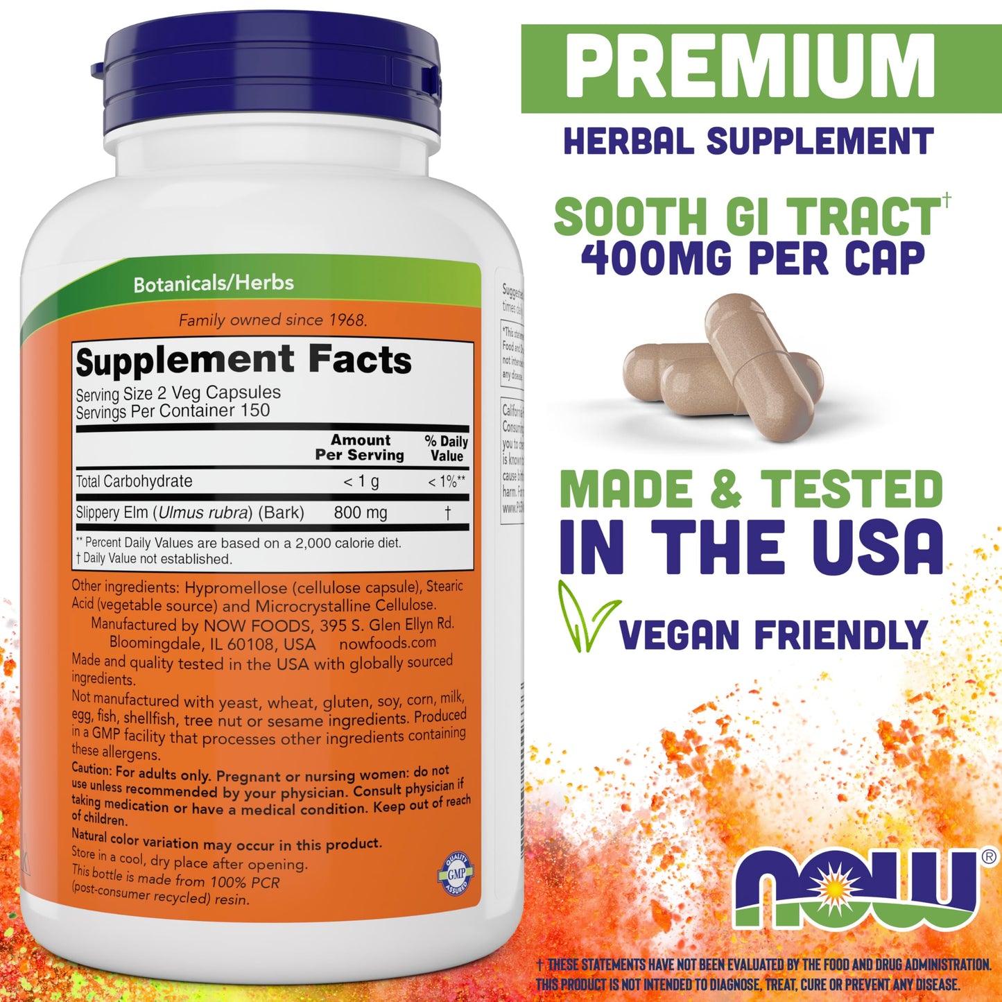 NOW Foods Slippery Elm 400 mg Capsules, 300 Count