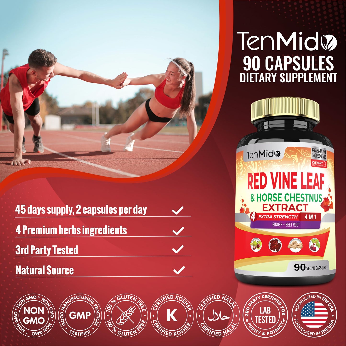 Tenmido Red Vine Leaf Extract Capsules with Horse Chestnut, Beet Root, Ginger - Herbal Supplement for Heart, Leg Vein & Energy, 120 Capsules