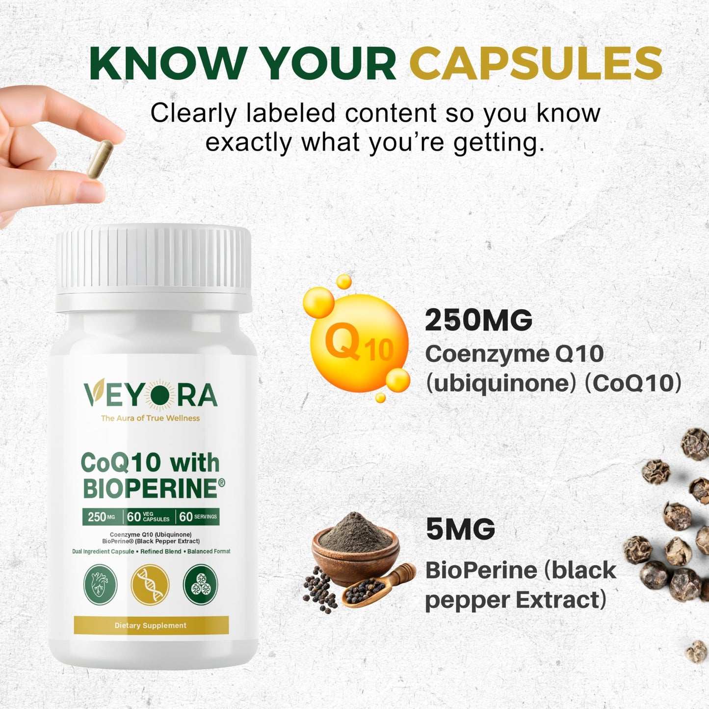 VEYORA CoQ10 with BioPerine 250 mg Capsules, 60 Vegan Capsules