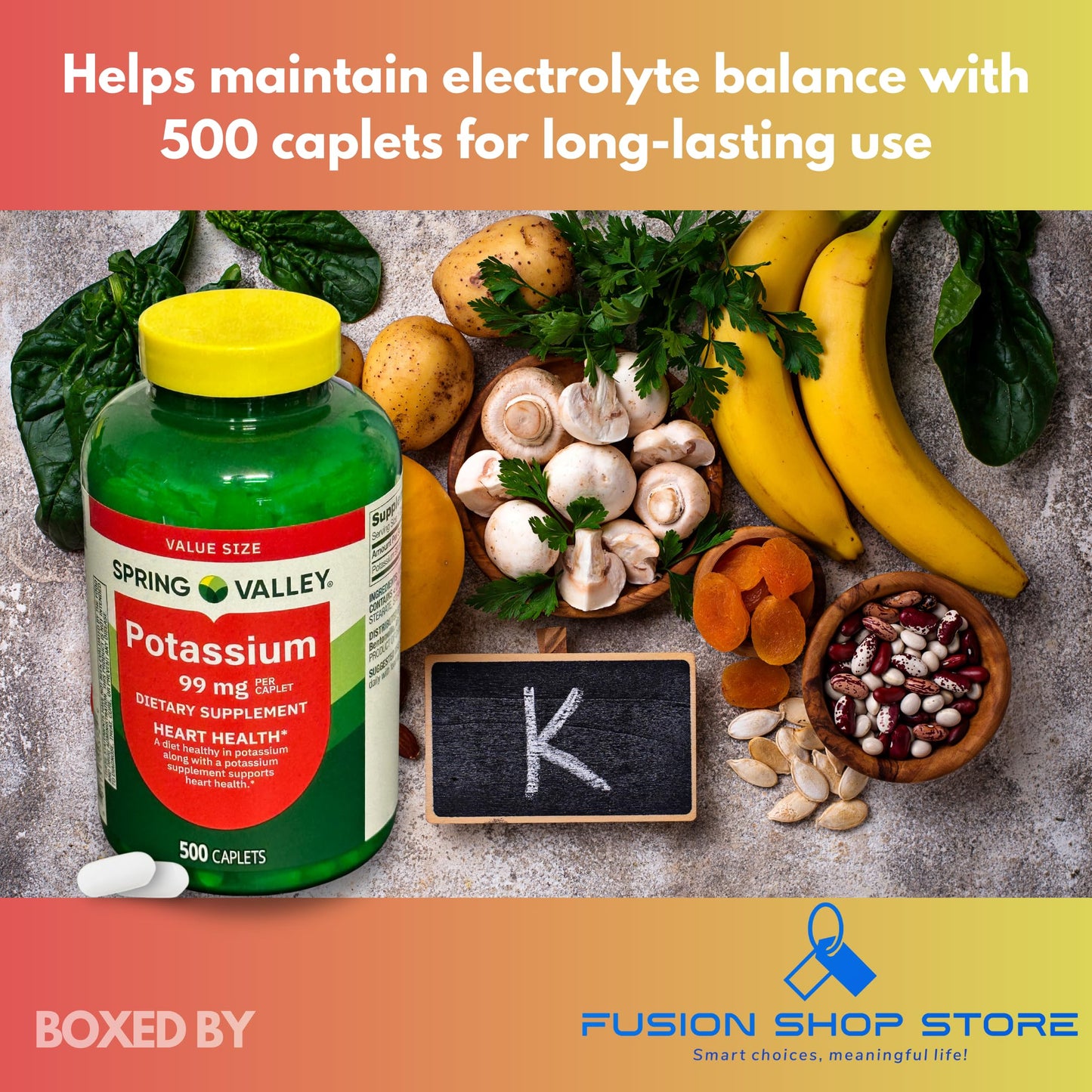 Fusion Shop Store Potassium 99mg Caplets, 500 Count