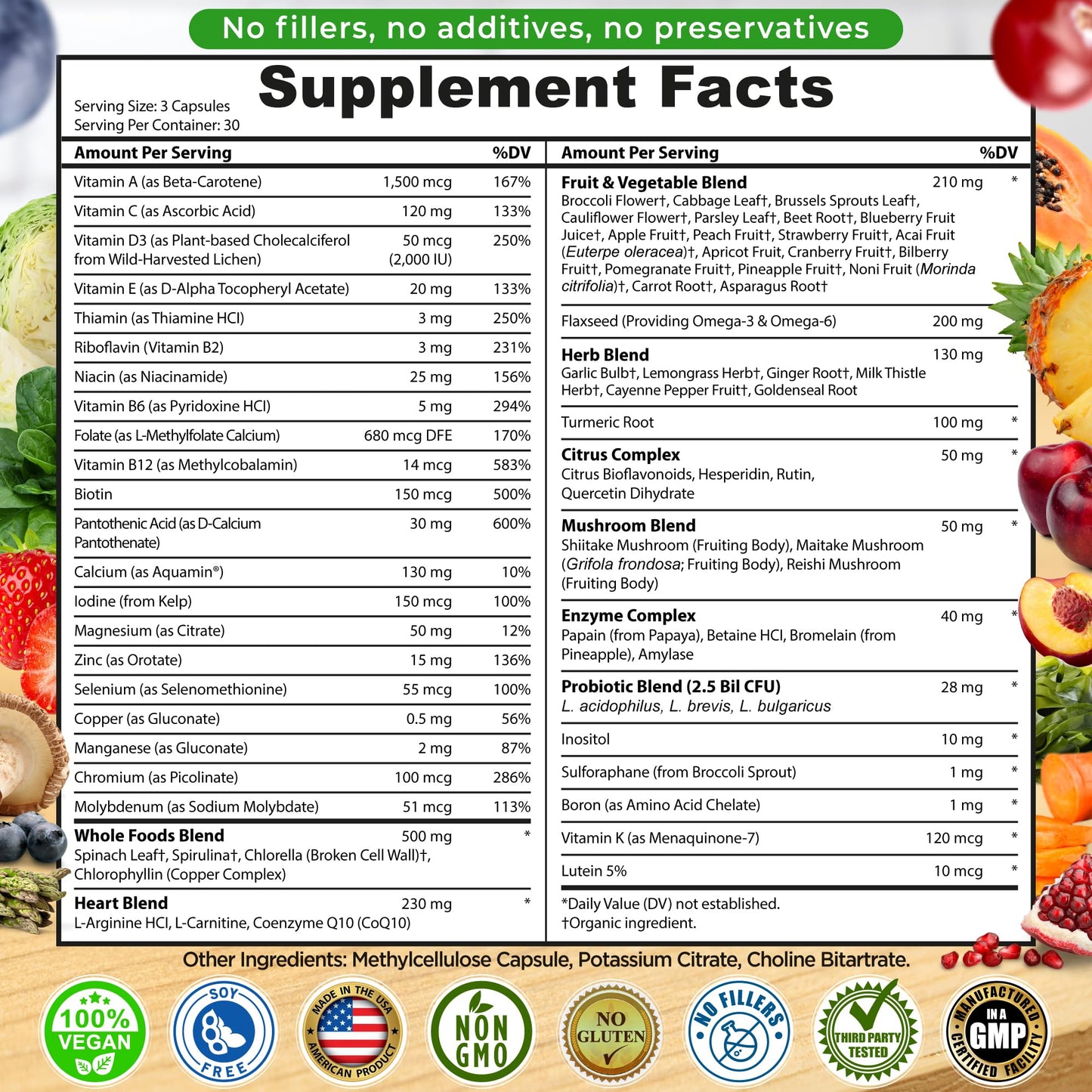SUPPLEMENTS STUDIO Vegan Whole Food Daily Multivitamin Without Iron, Methylated Multivitamin for Women and Men Capsules, 90 Count
