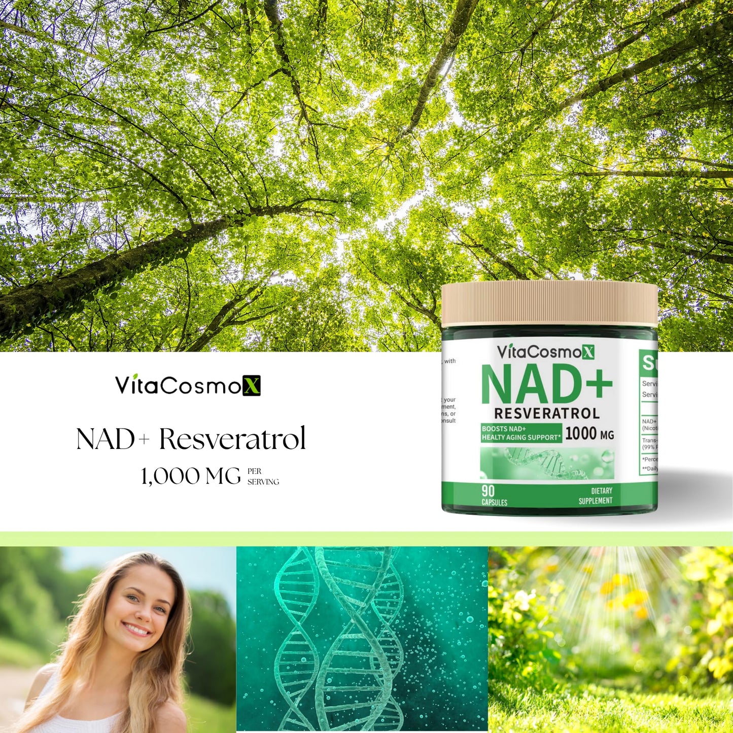 VitaCosmoX NAD+ Nicotinamide Riboside Resveratrol Supplement, 90 Capsules