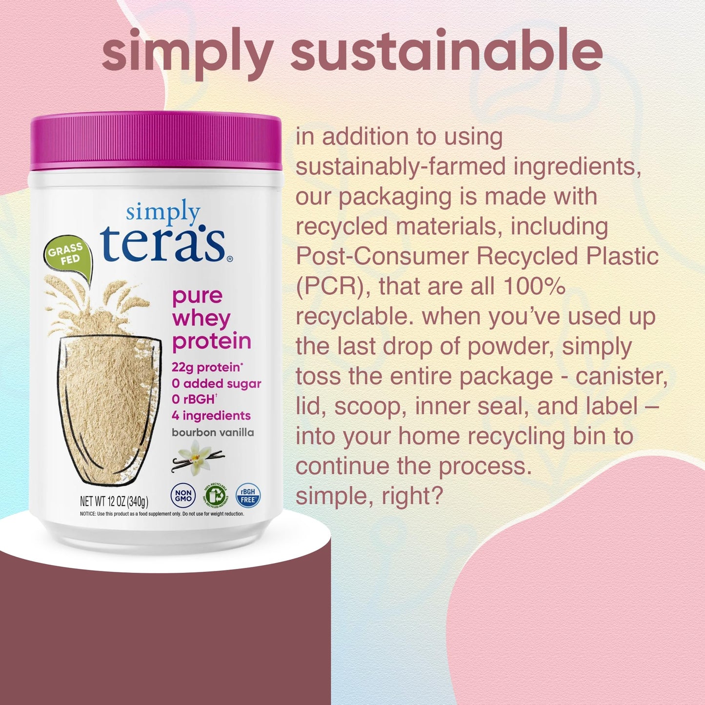 Simply Tera's Pure Whey Protein Powder Grass-Fed Vanilla, 12 oz