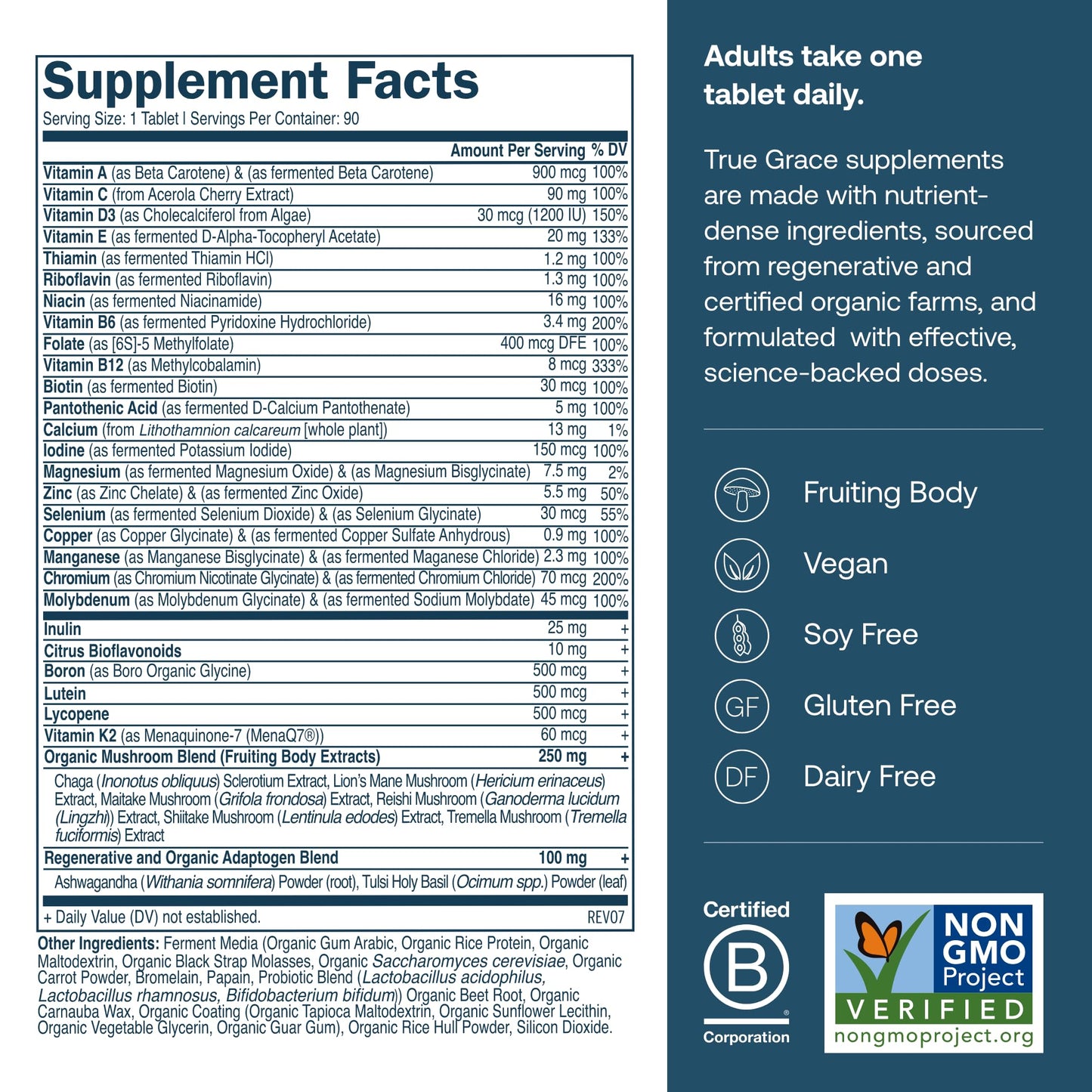 True Grace Men's 40+ One Daily Multivitamin with Fermented Minerals, Organic Adaptogens & Mushrooms Whole Body Balance Immune, Endurance, Bone & Heart Support, Non-GMO, 90 Tablets