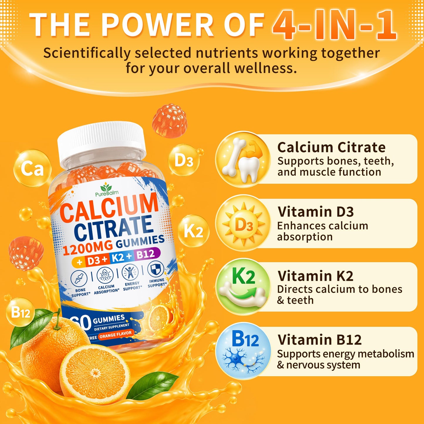 PureBalm Calcium Citrate 1200mg Gummies with Vitamin D3, K2 & B12 for Women & Men, 120 Gummies