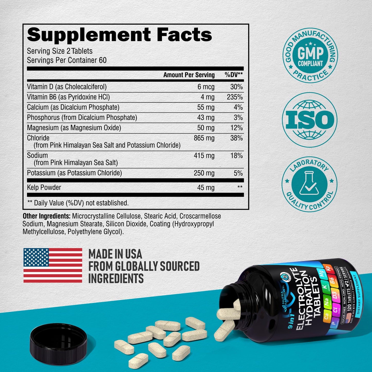 NUTRAHARMONY Electrolyte Tablets with Magnesium, Sodium, Potassium, Chloride, Vitamins D3 & B6, Kelp Powder 120 Tablets