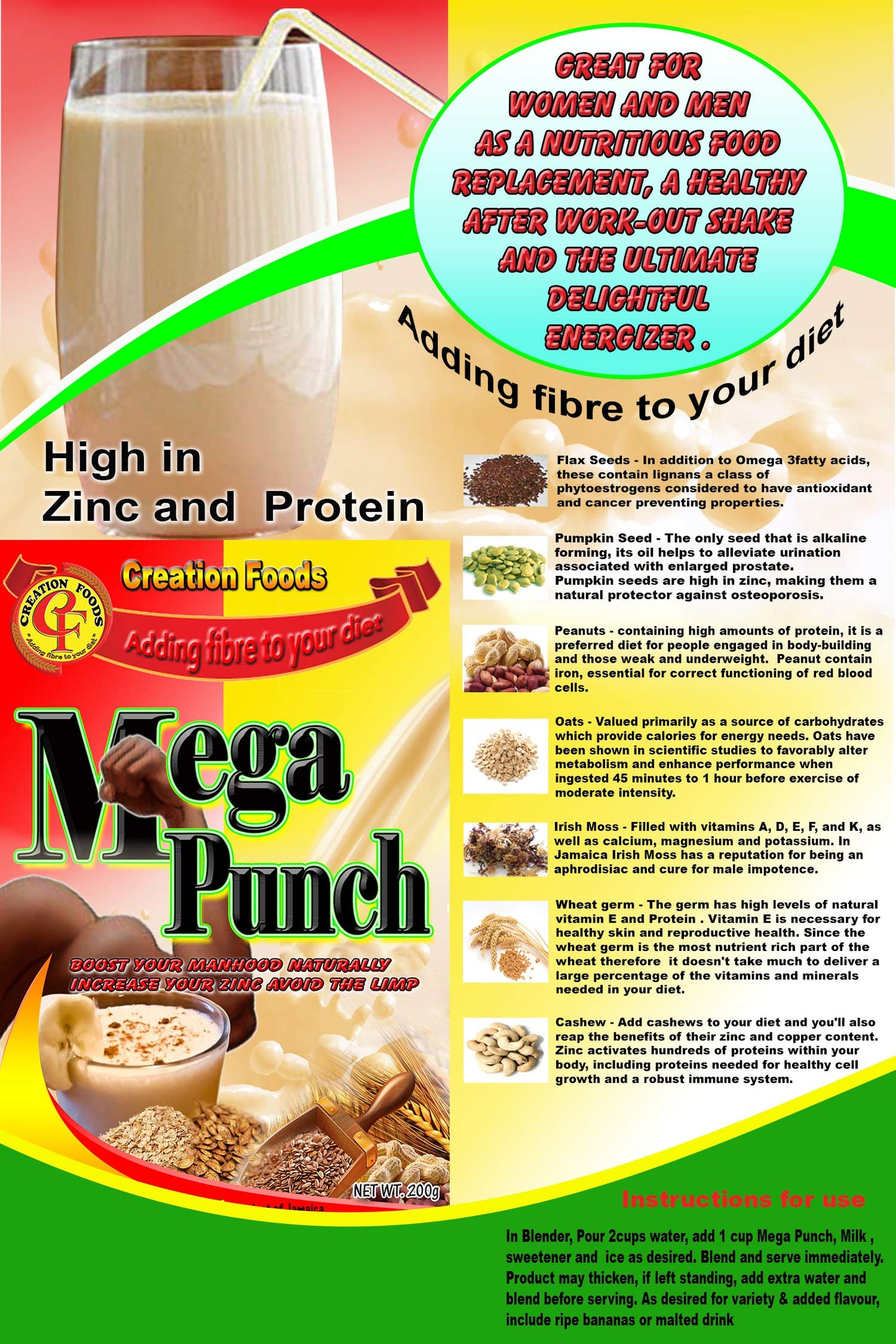 Creation Foods Mega Punch Jamaica's Finest Breakfast and Sports Men's Health Drink Powder, 3 Pack, 5.2911