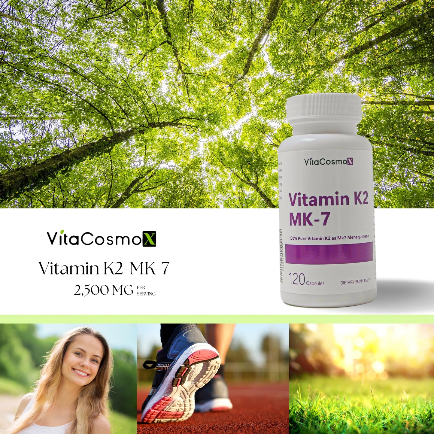VitaCosmoX Vitamin K2 MK-7 Supplement, Capsule, 120 Count