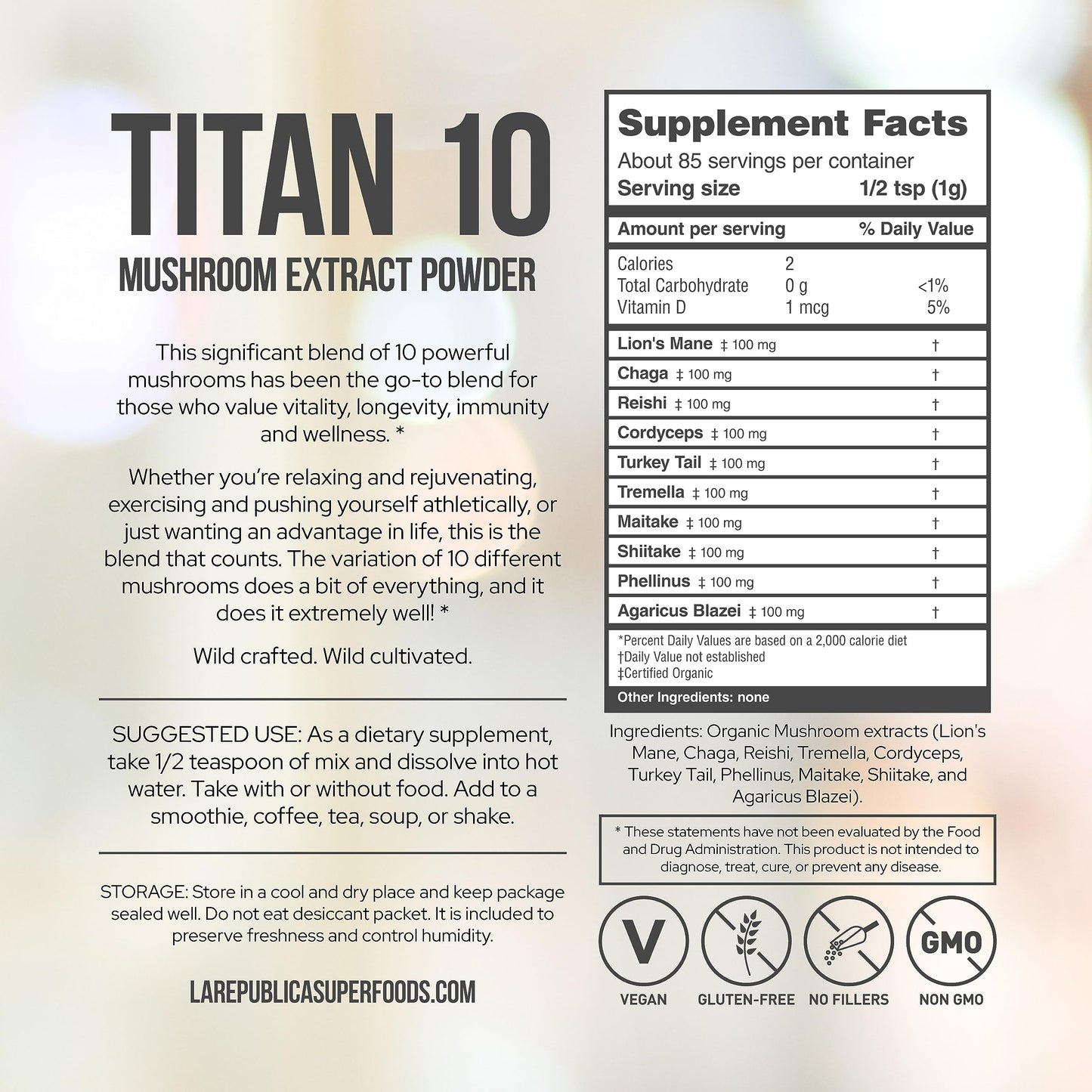 LRLA SUPERFOODS La Republica Titan10 Organic Mushroom Powder, 3 oz