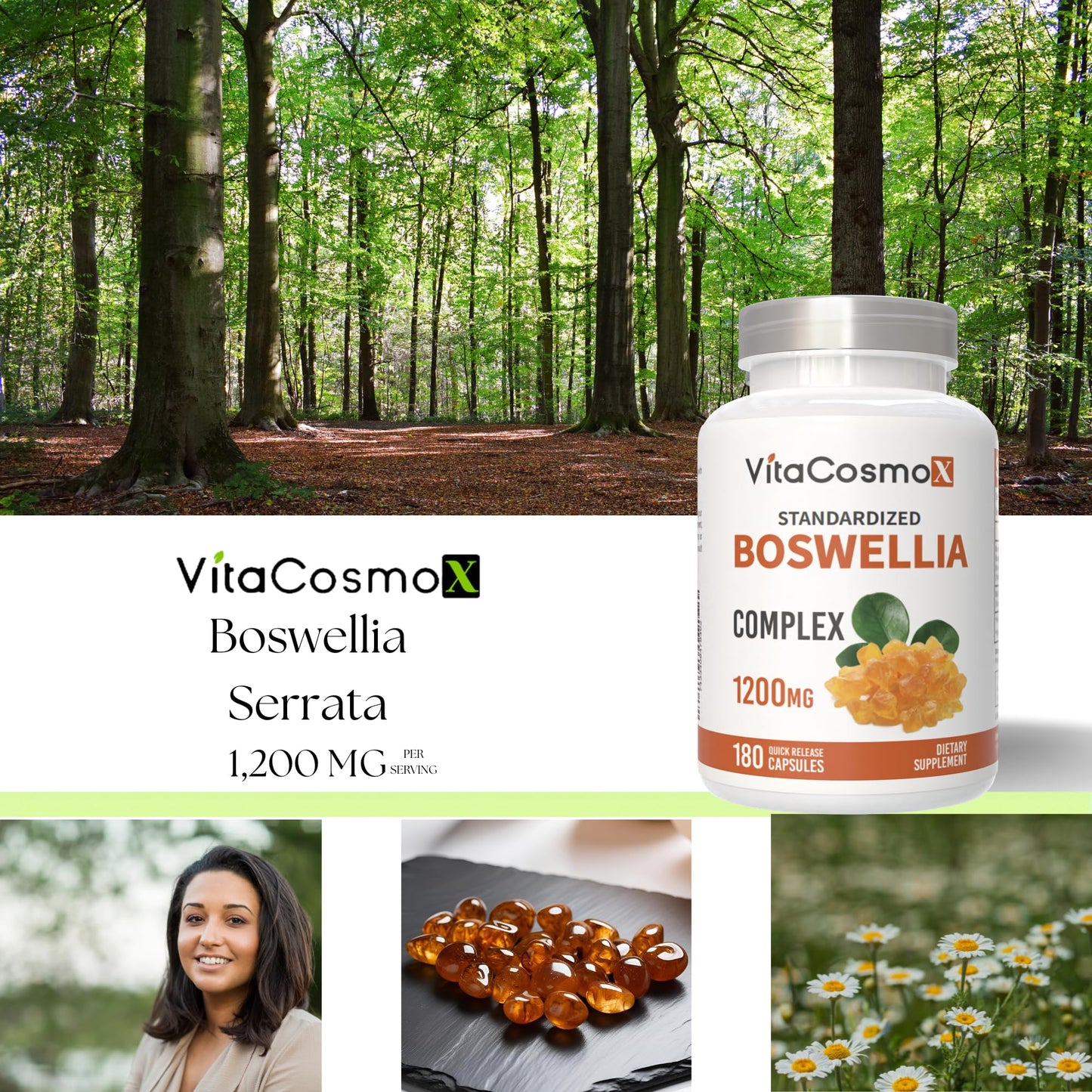 VitaCosmoX Boswellia Serrata Complex 1200 mg Capsules, 180 Vegetarian Capsules