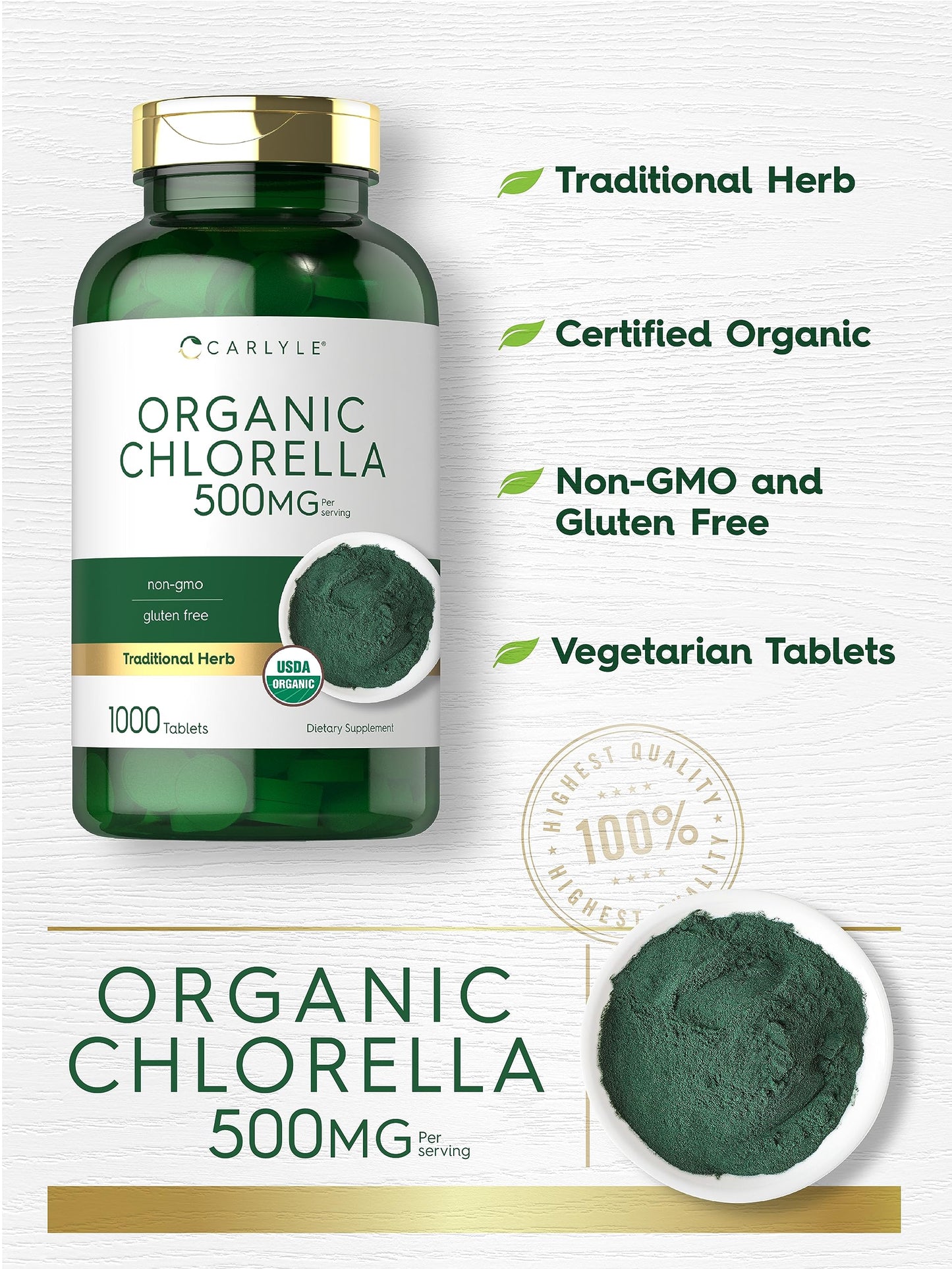 Carlyle Chlorella Tablets Organic 500 mg, 1000 Count