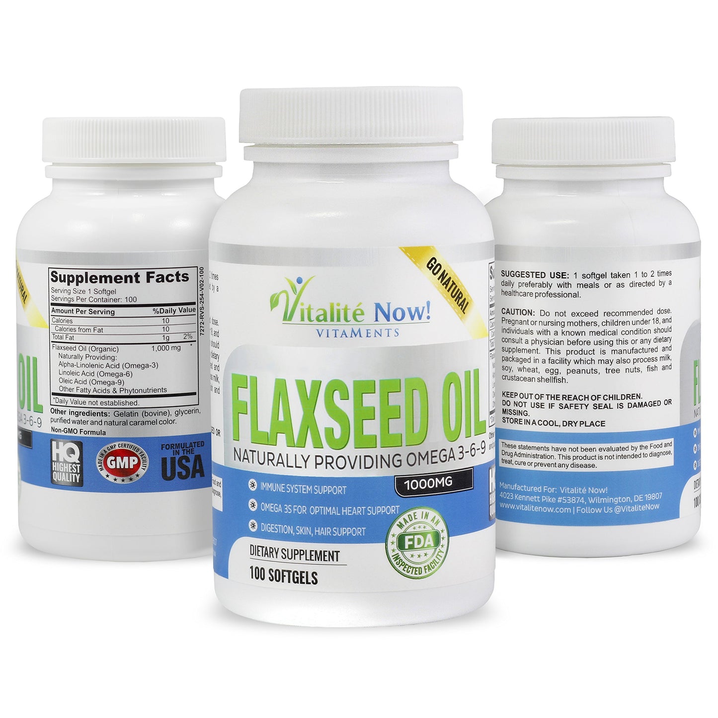 Vitalité Now! Organic Flaxseed Oil Softgels Cold Pressed 1000mg, 240 Softgels