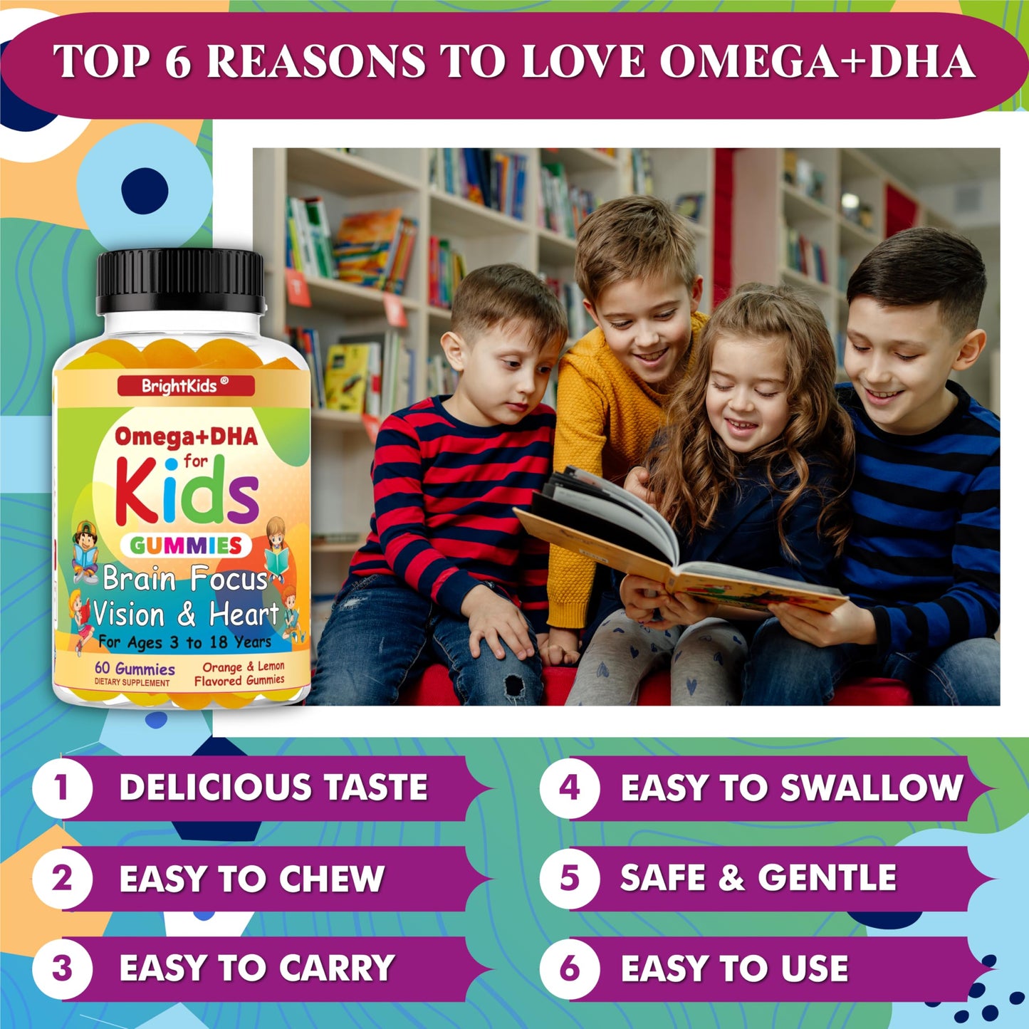 BrightKids Omega DHA Gummies for Kids & Teens, 60 Gummies