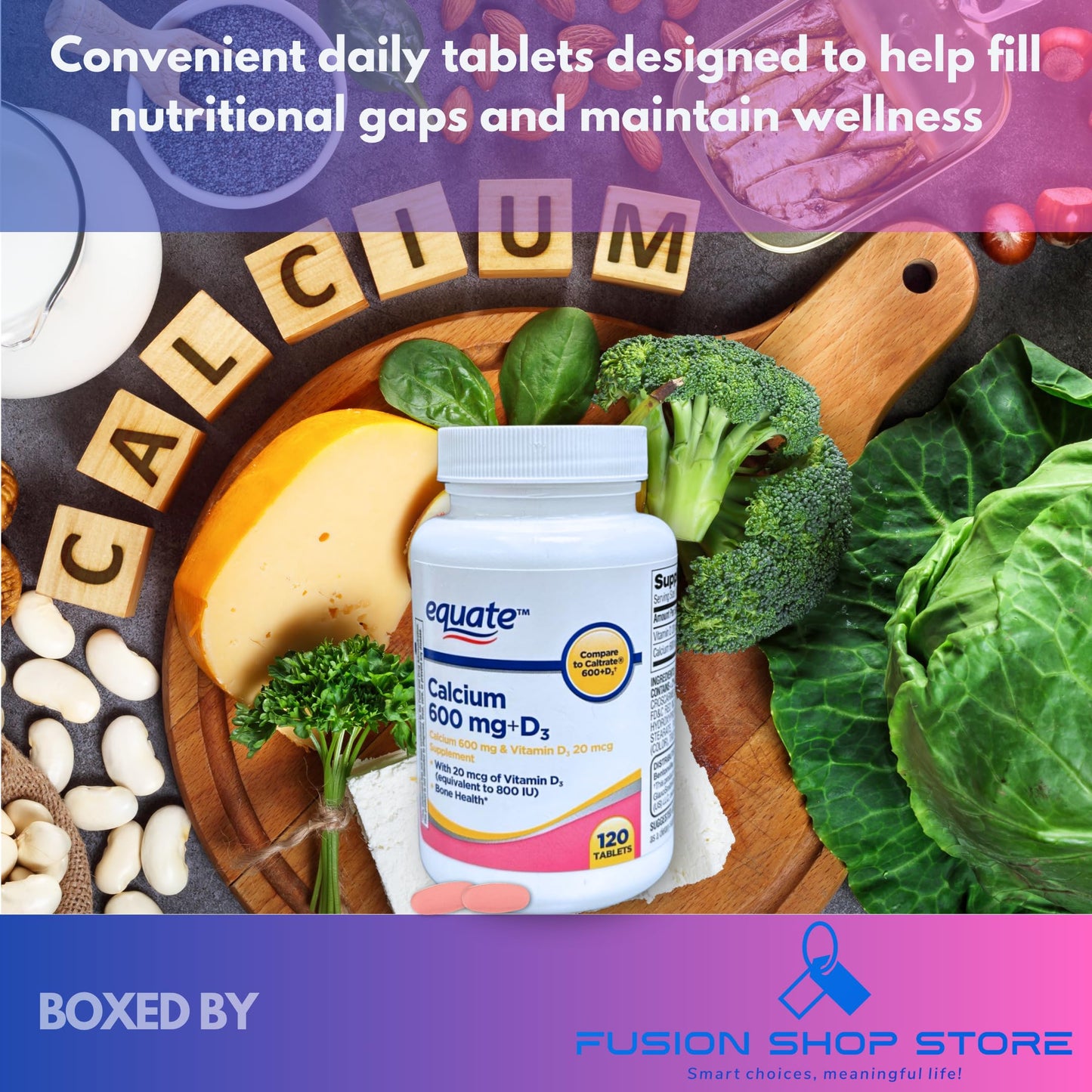 Fusion Shop Store Calcium 600 mg with Vitamin D3 Tablets, 200 Count