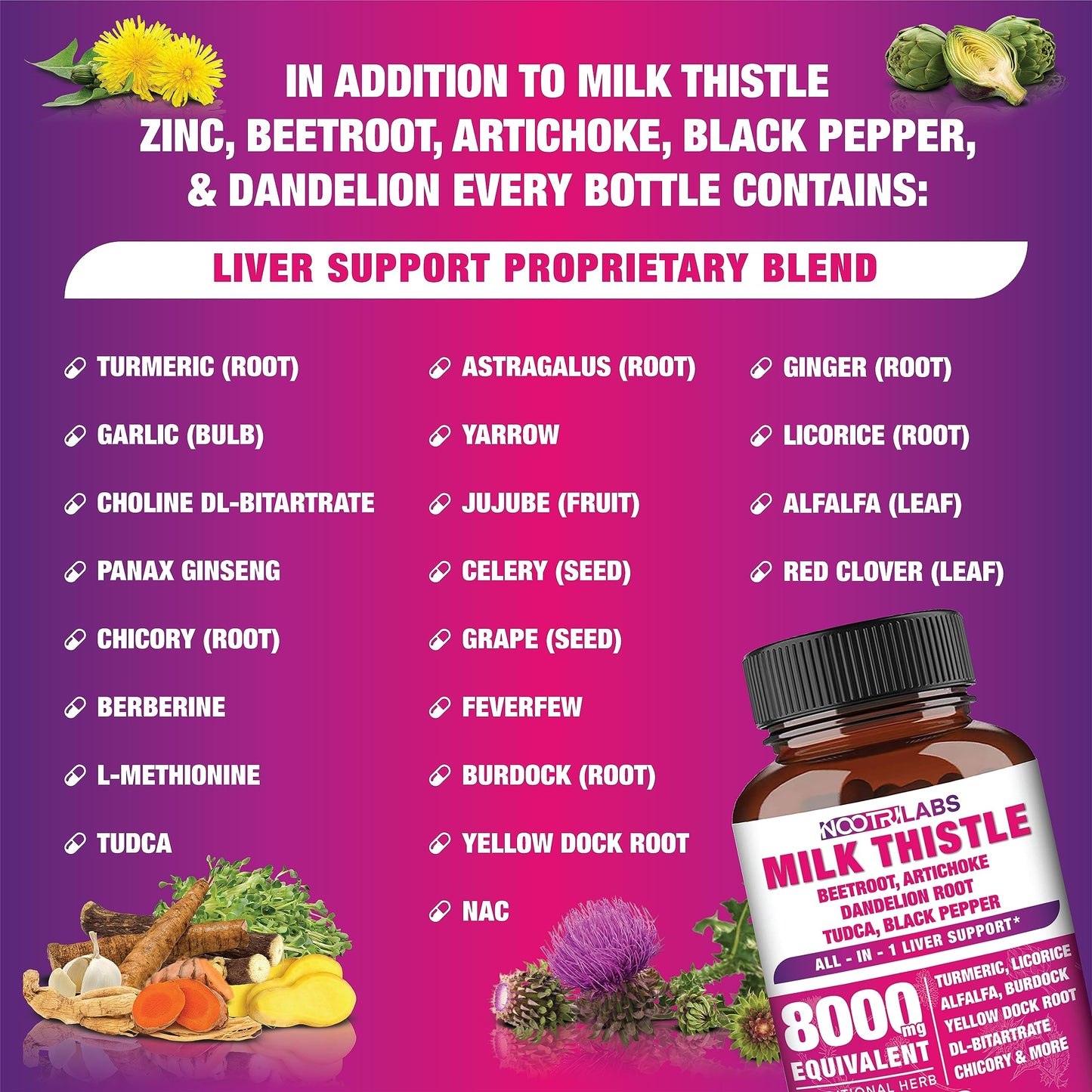 Nootrilabs Naturals Milk Thistle Liver Health NAC Beetroot Artichoke Dandelion Root Capsule, 90 Count