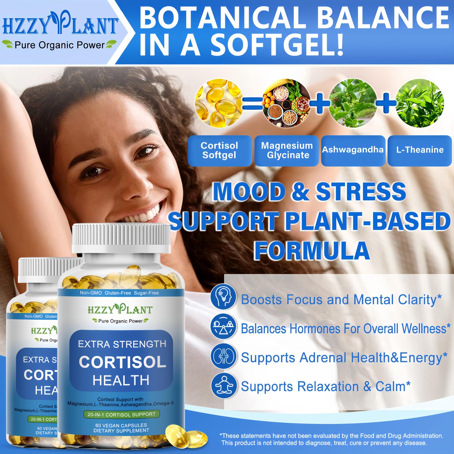 HZZYPLANT Cortisol Support Softgels with Phosphatidylserine, Magnesium, Ashwagandha, L-Theanine, 60 Softgels