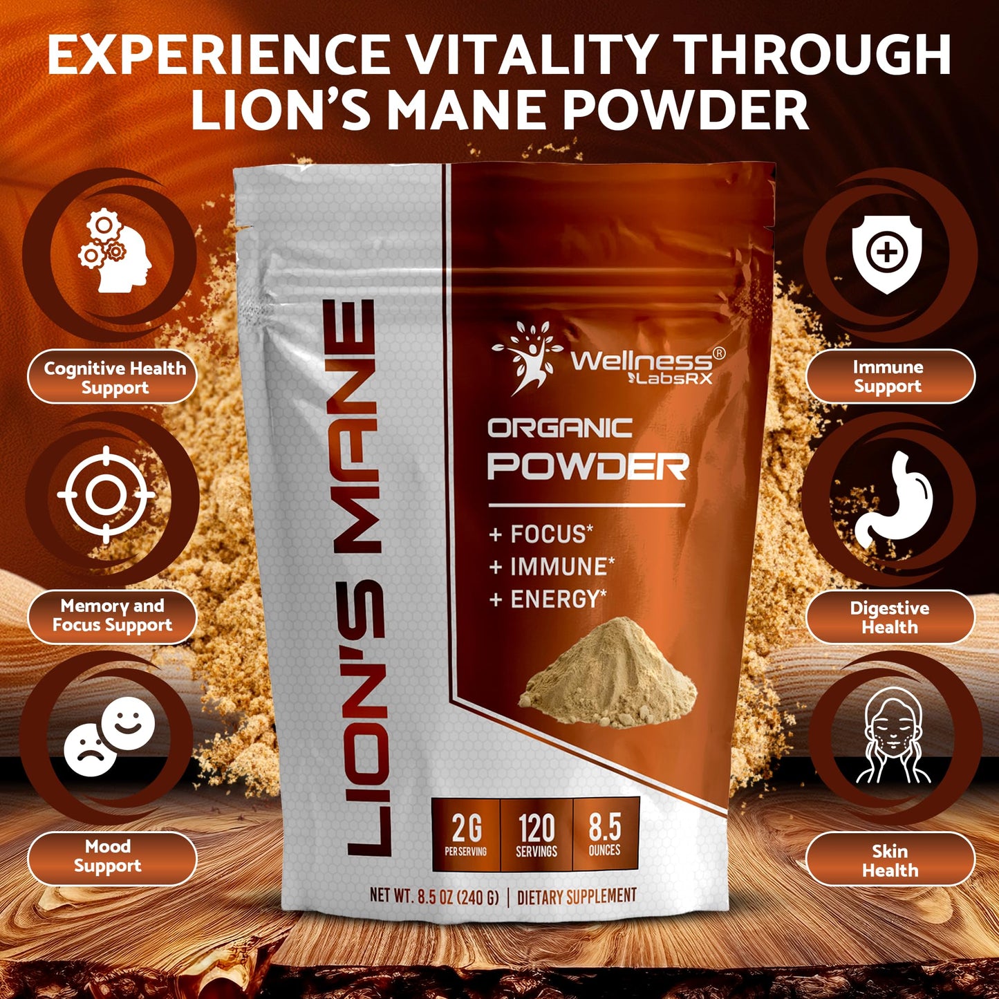WELLNESS LABSRX Organic Lions Mane Powder 2000mg Mushroom Supplement 8.5 oz