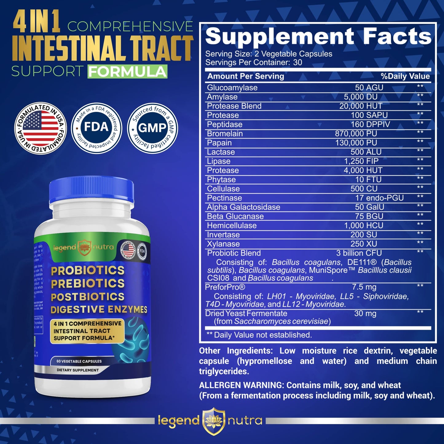Legend Nutra Probiotics + Prebiotics Postbiotics Digestive Enzymes 4 in 1 Formula Capsules 120